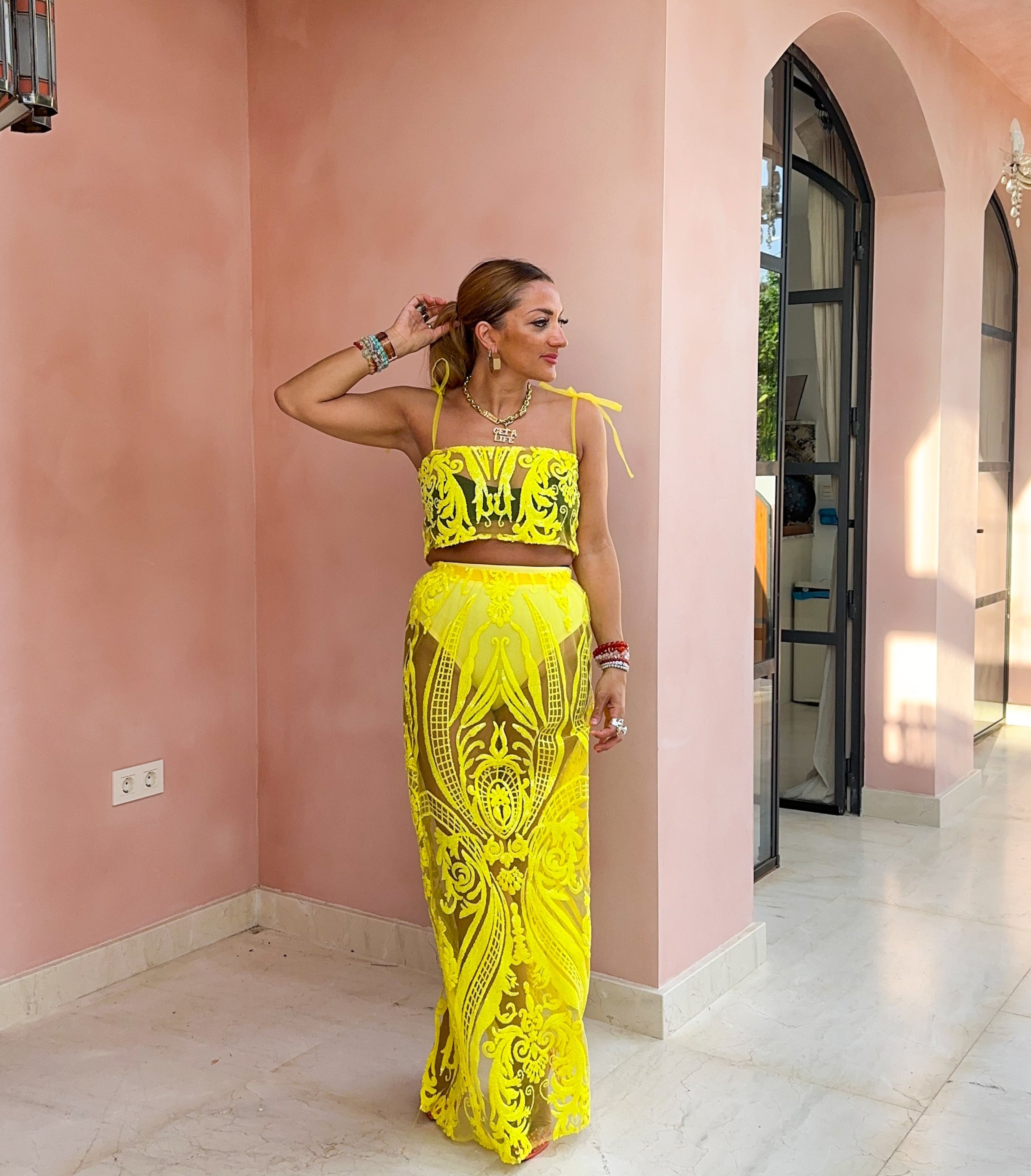 Solaris Supernova Crop Sequin Vest In Yellow
