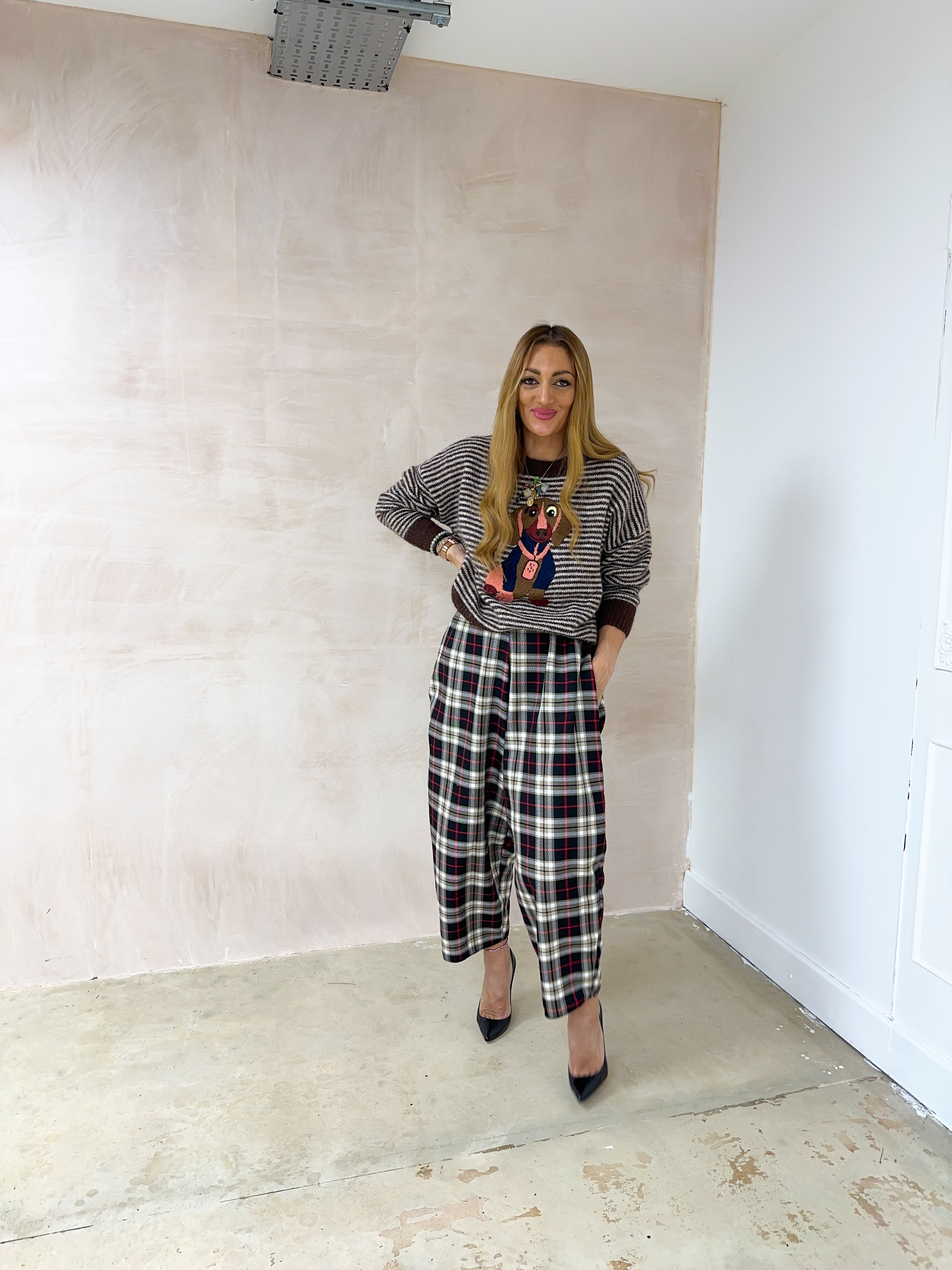 Knitted Stripe Puppy Jumper In Brown