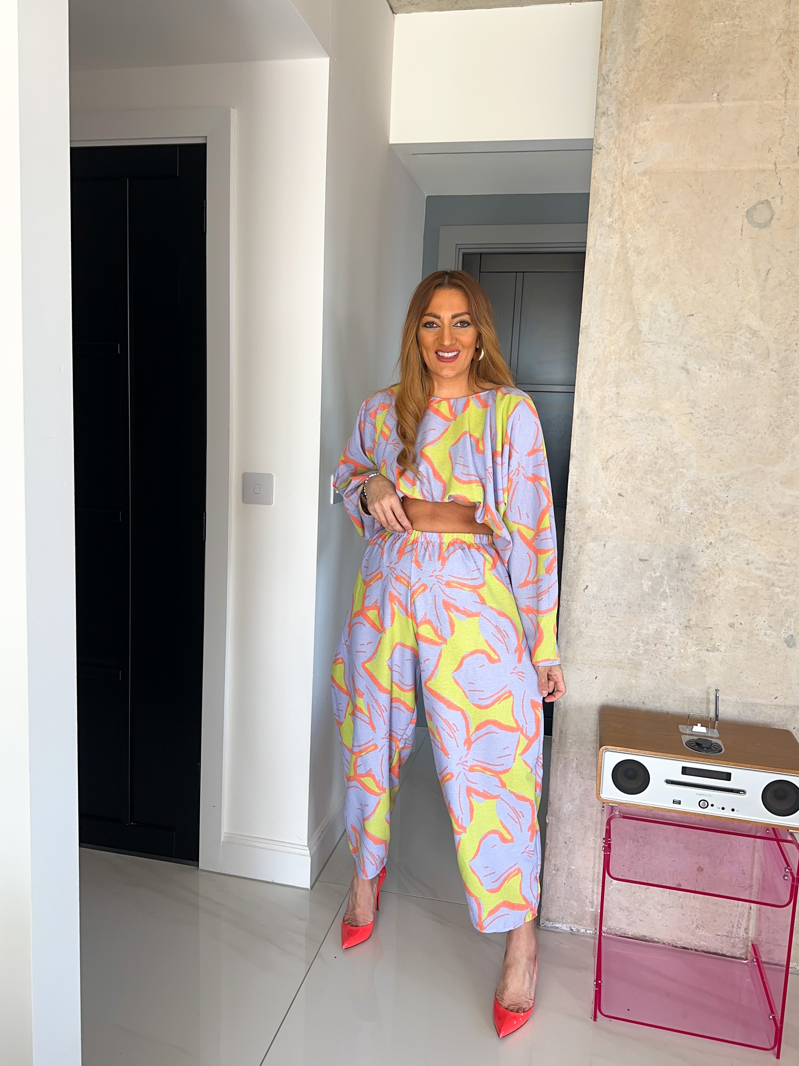 High Waisted Balloon Trousers In Abstract Flower Print