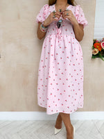 Scattered Cherry Print Midi Dress In Pink Gingham
