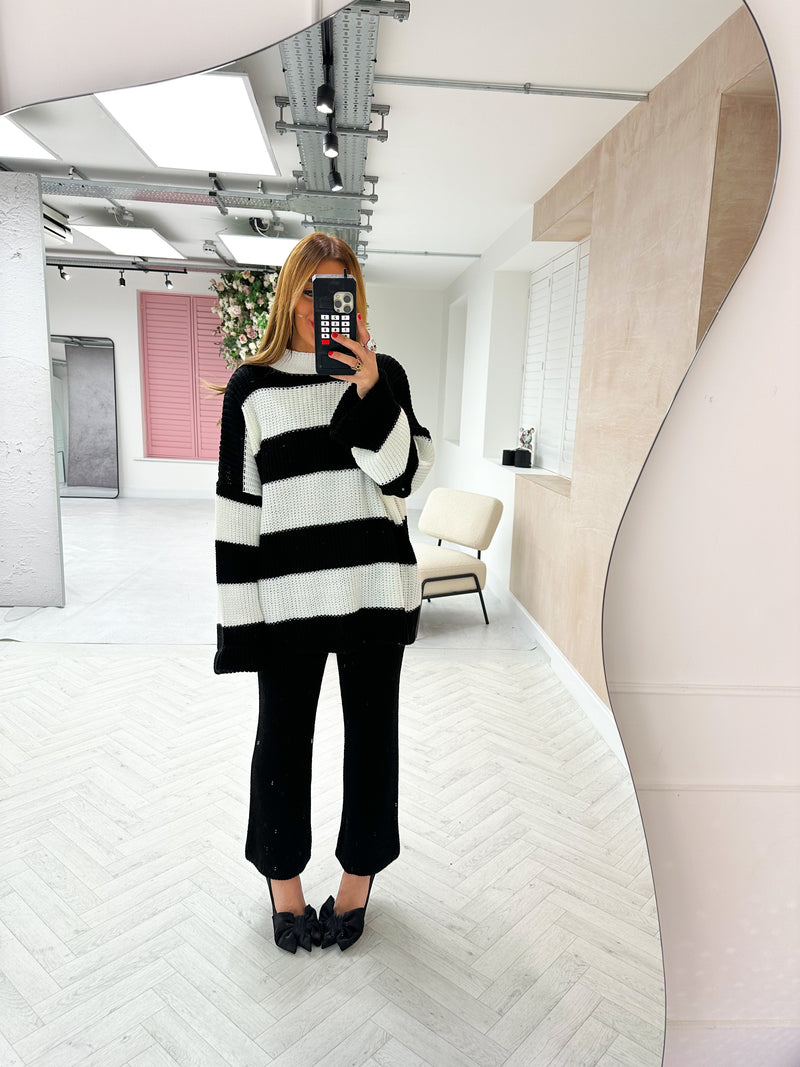 Knitted Loungewear Set In Black And White Stripe
