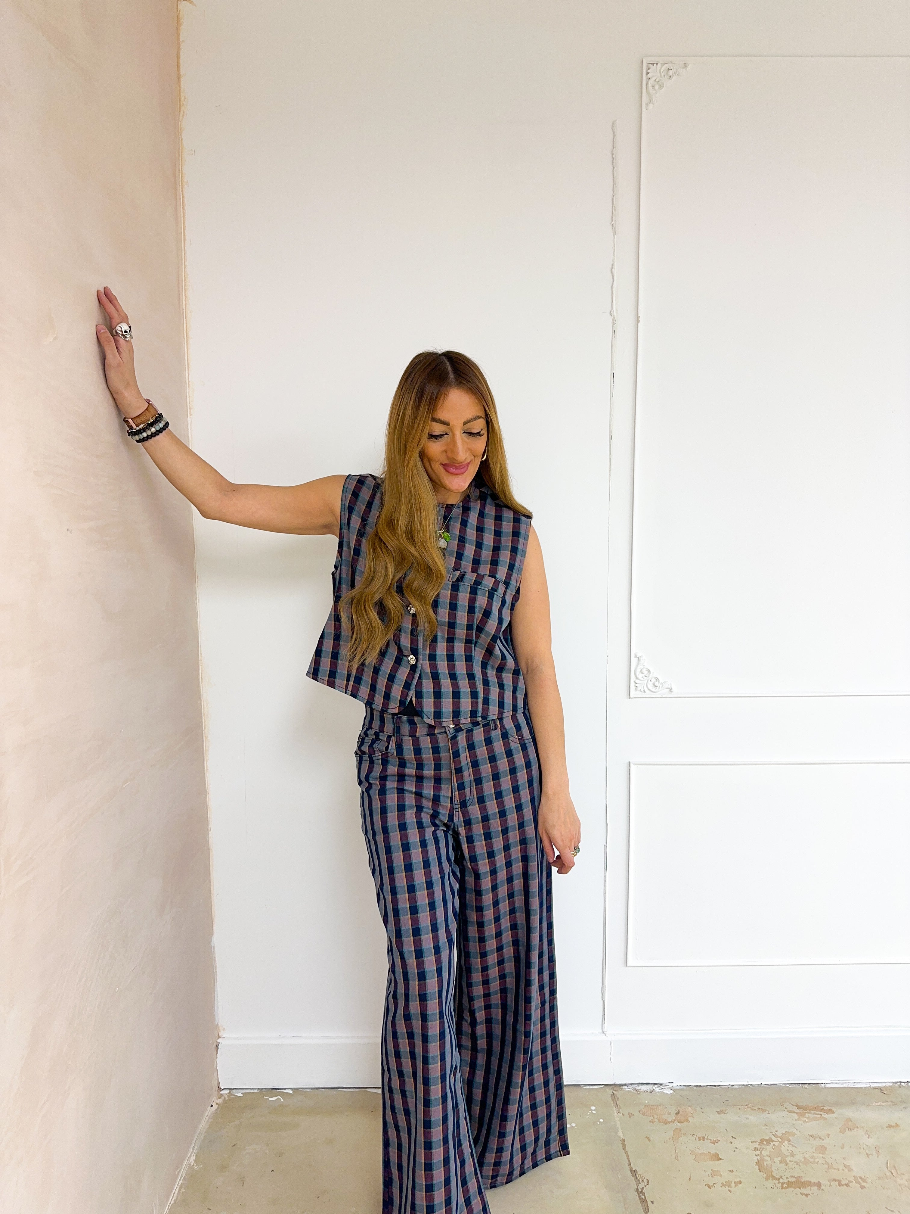 Wide Leg Trousers In Purple/Navy Check