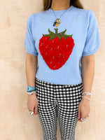 Strawberry Detail Short Sleeve Jumper In Baby Blue