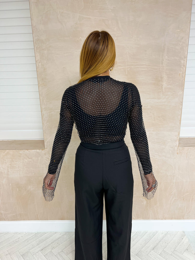 Diamante Mesh Long Sleeve Top In Black Sparkle