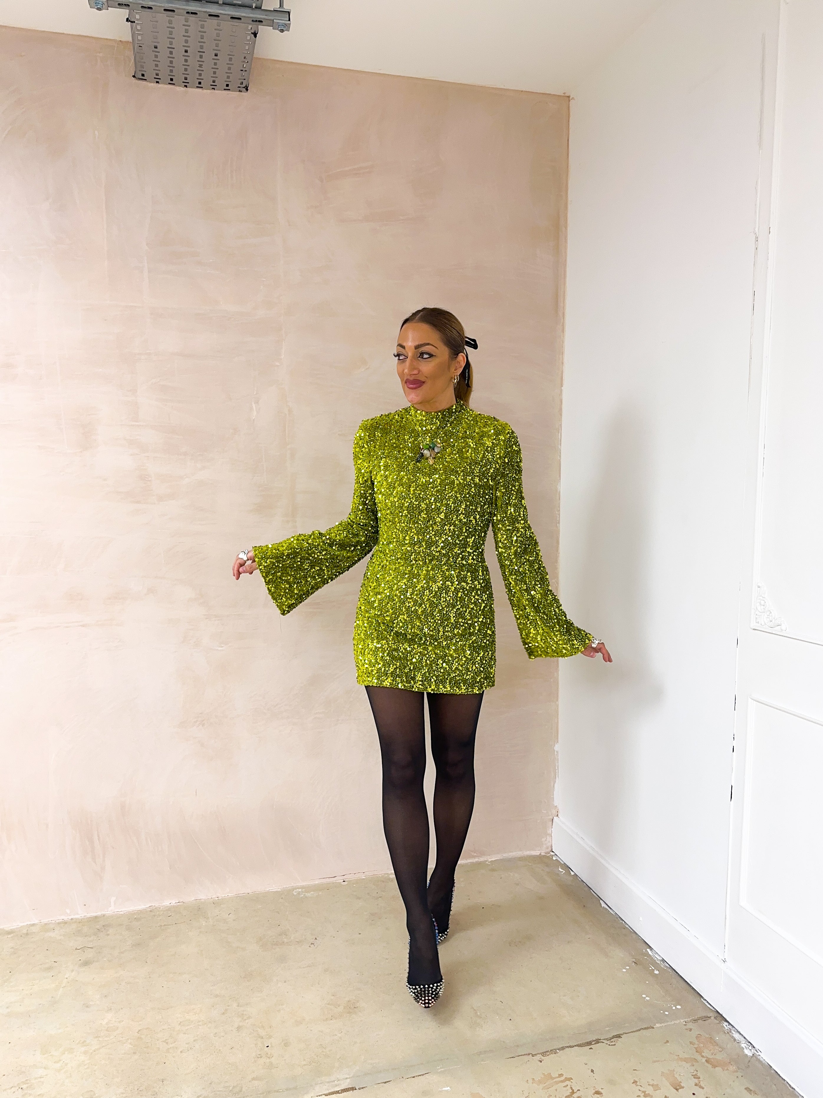 Flare Sleeve Sequin Mini Dress In Green