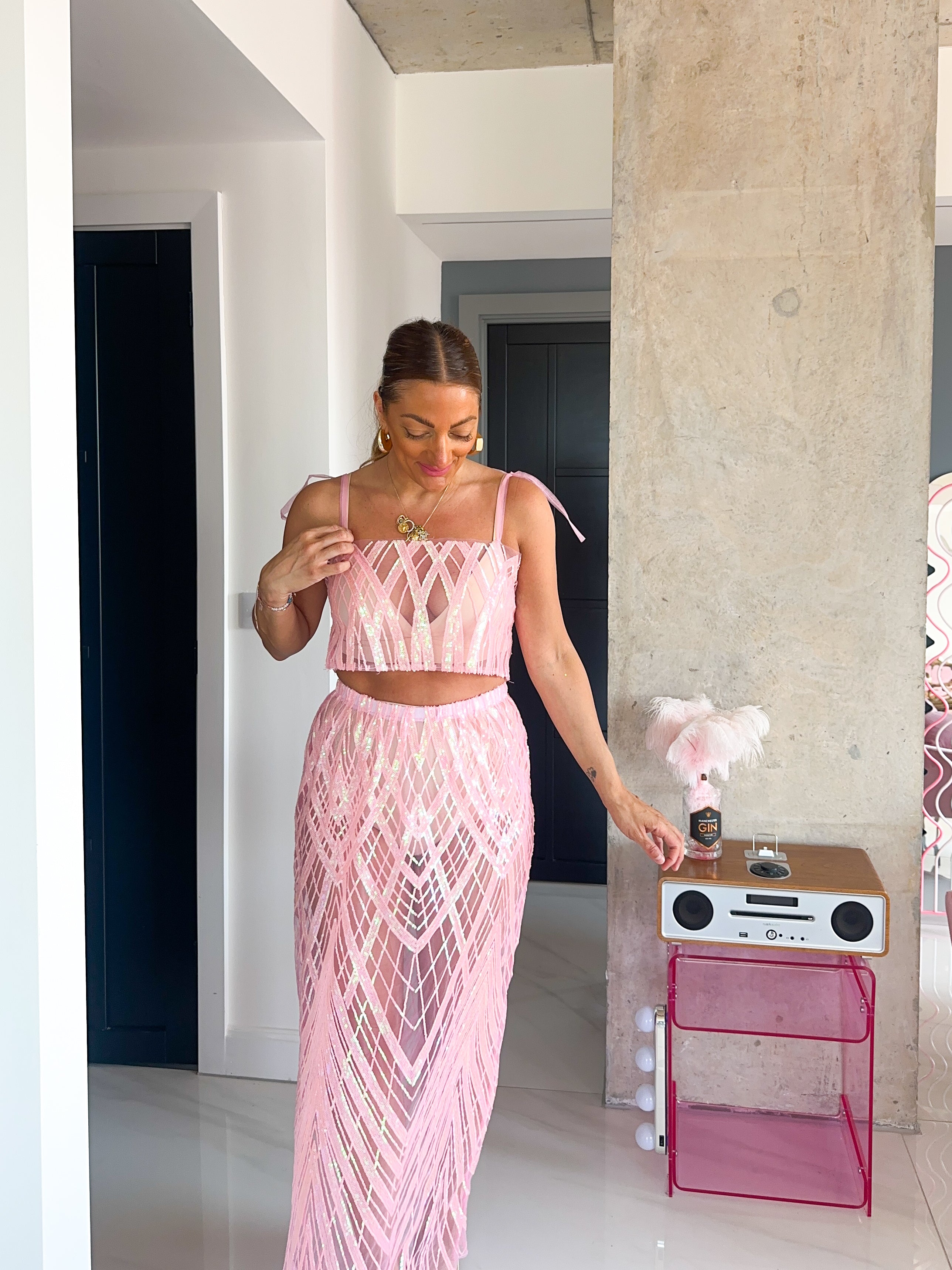 Solaris Supernova Sequin Midi Skirt In Baby Pink