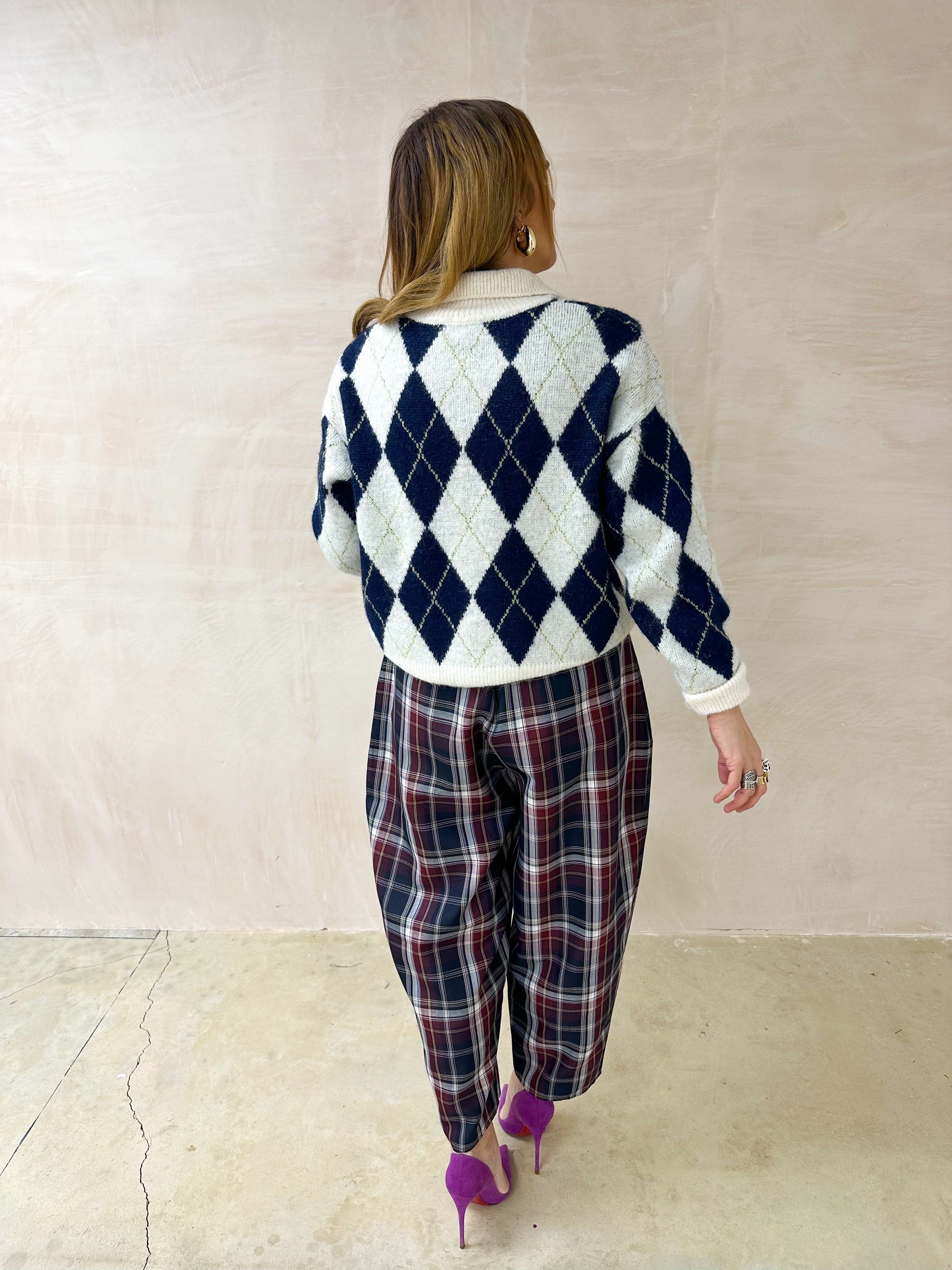 Tartan Check Balloon Trousers In Navy