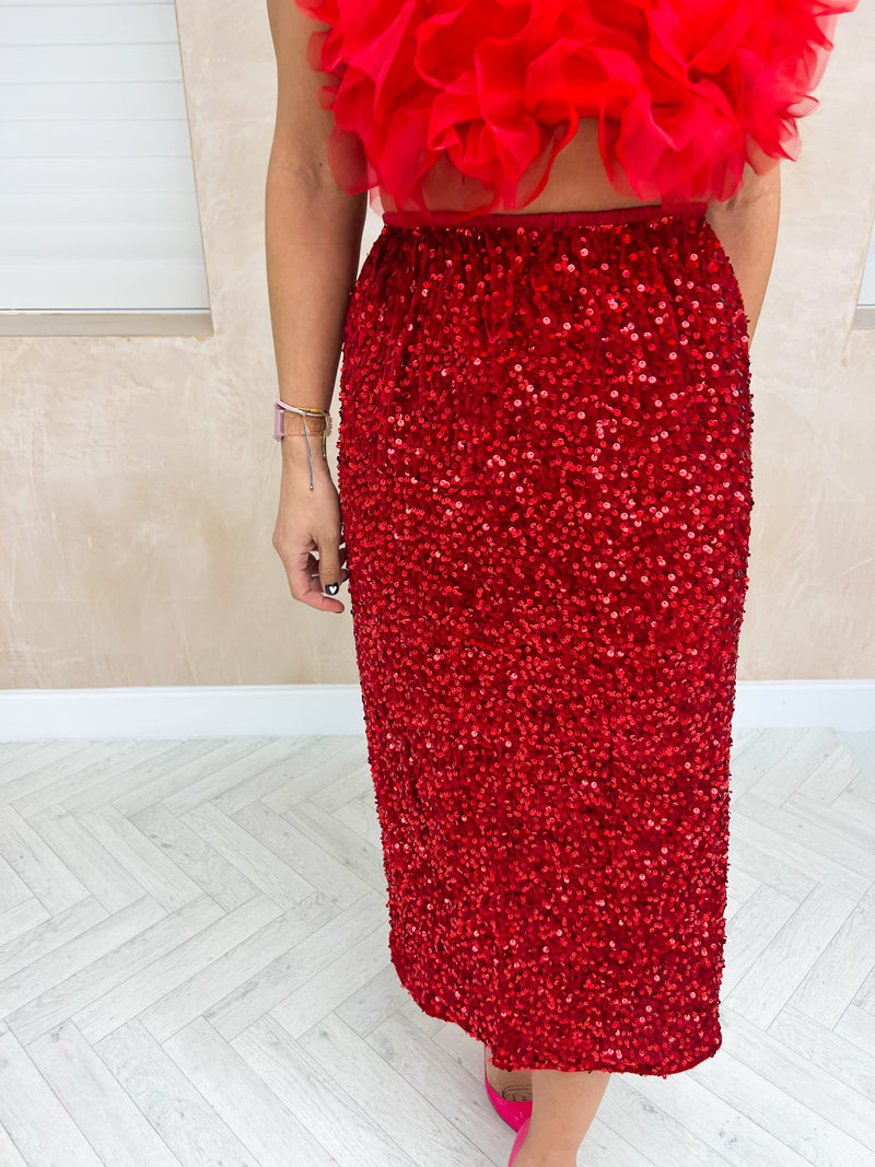 High Waisted Sequin Midi Skirt In Red