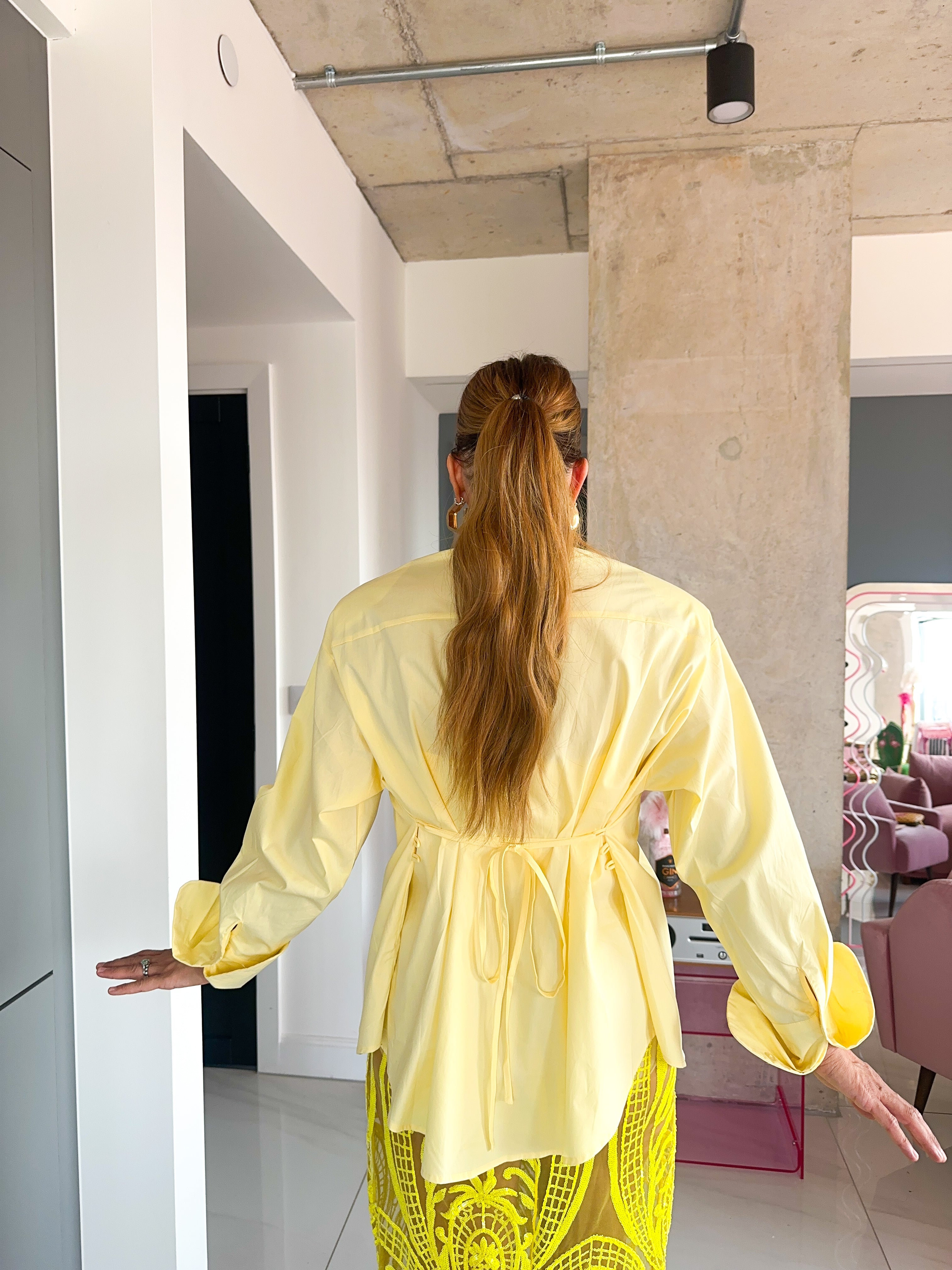 Shoulder Pad Tie Waist Shirt In Yellow
