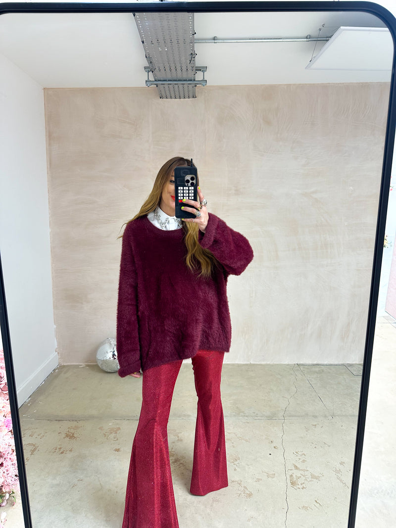 The Moonbeam Lurex Flares In Burgundy Glitter