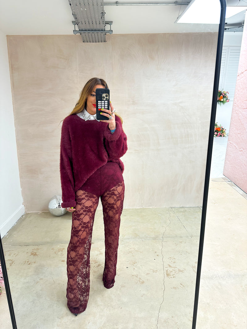 Fluffy Slouch Jumper In Burgundy