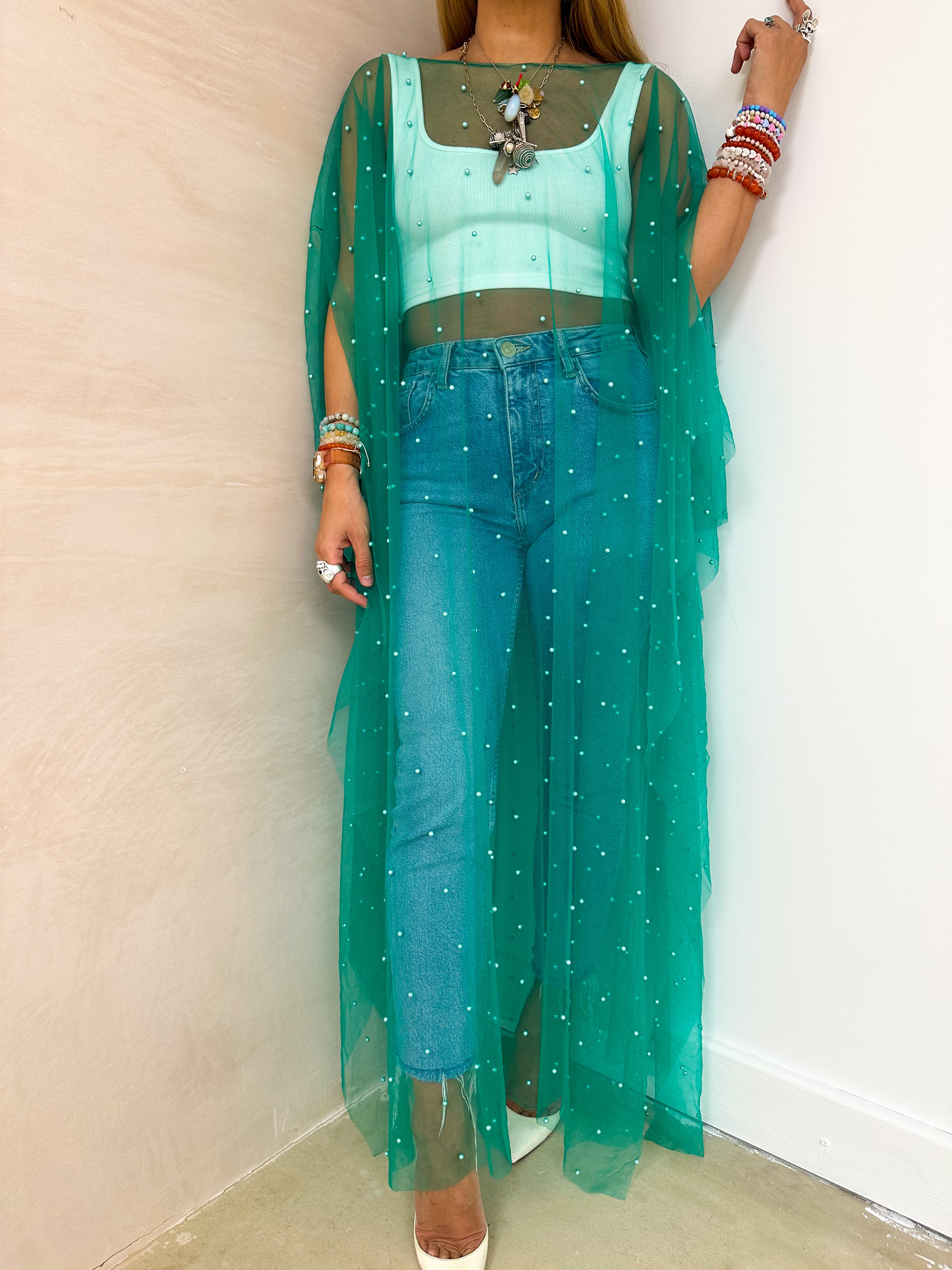 Tulle Vixen Pearl Mesh Kimono In Bright Green