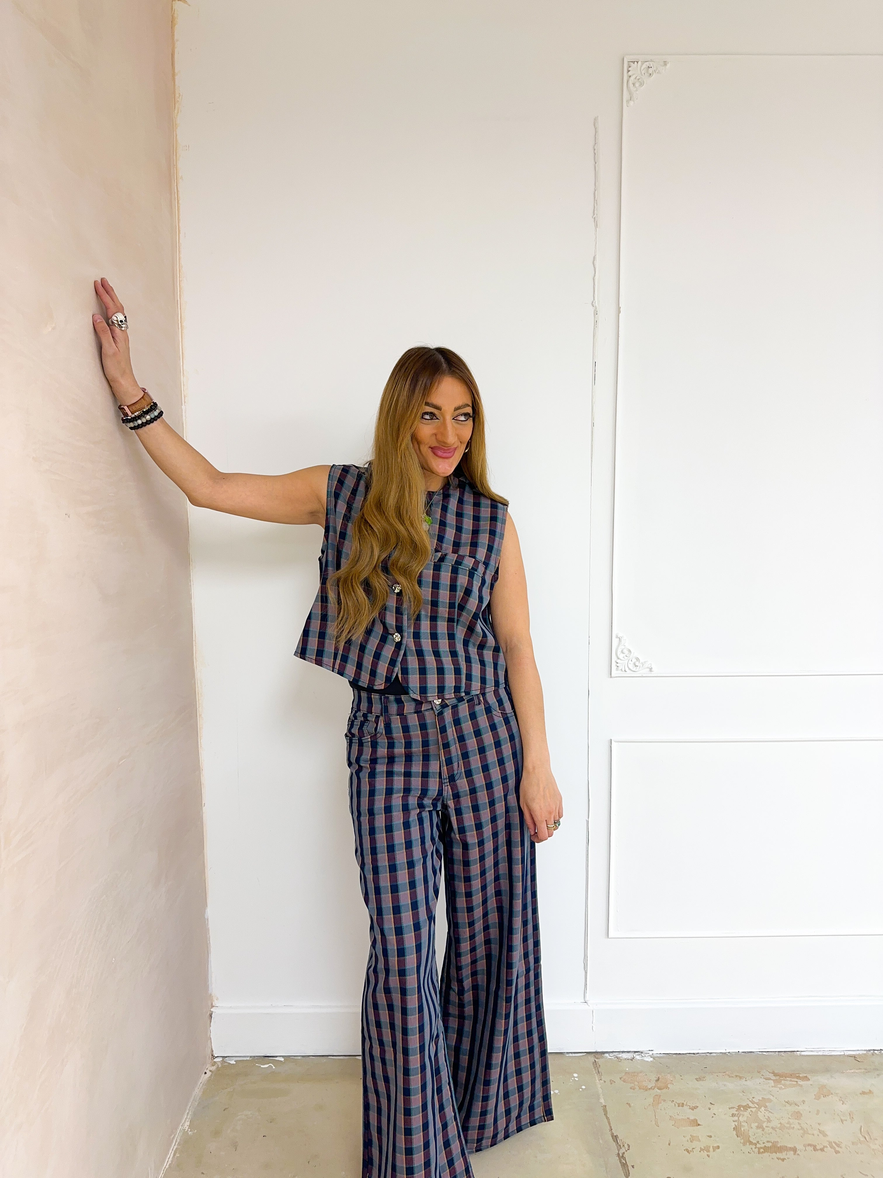 Wide Leg Trousers In Purple/Navy Check