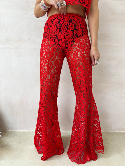 Fairytale Lace Extreme Flare Trousers In Red