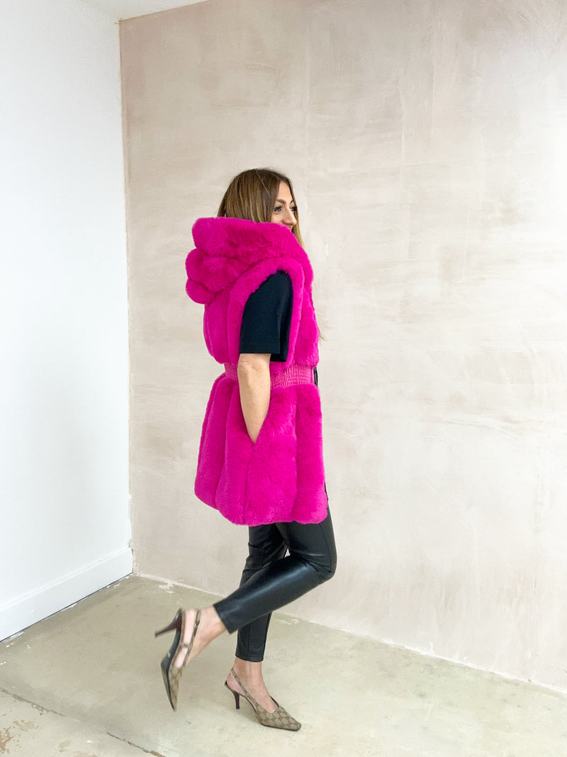 Faux Fur Hooded Gillet In Fuschia Pink