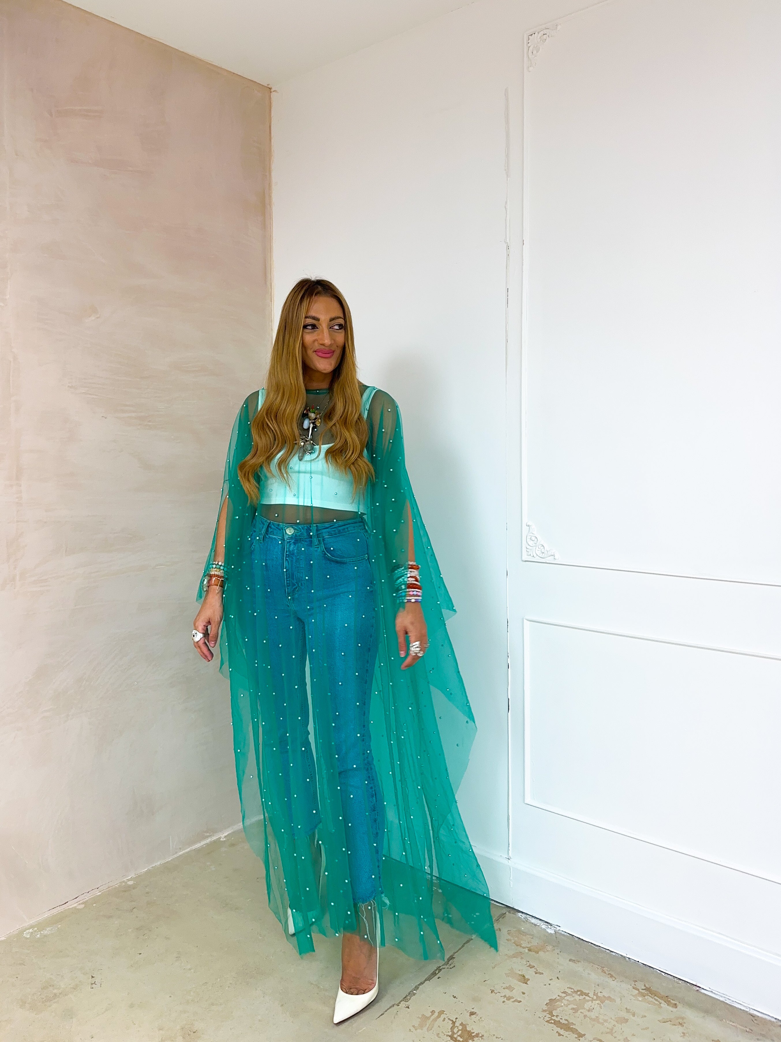 Tulle Vixen Pearl Mesh Kimono In Bright Green