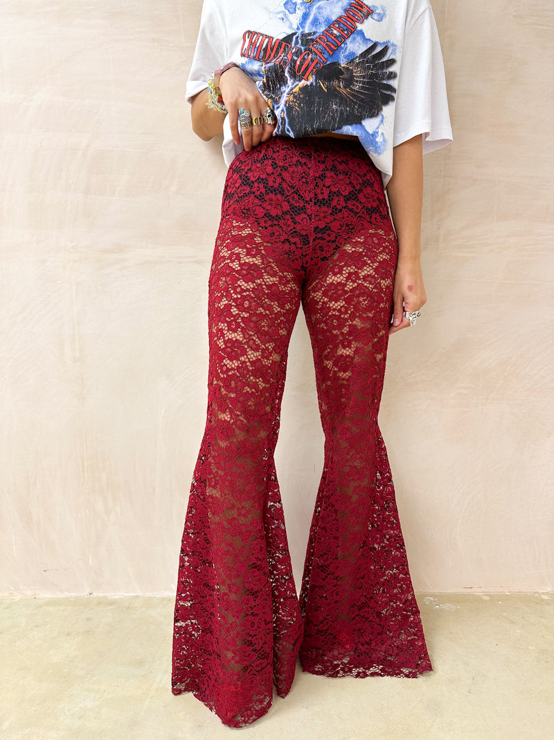 Fairytale Lace Extreme Flare Trousers In Burgundy