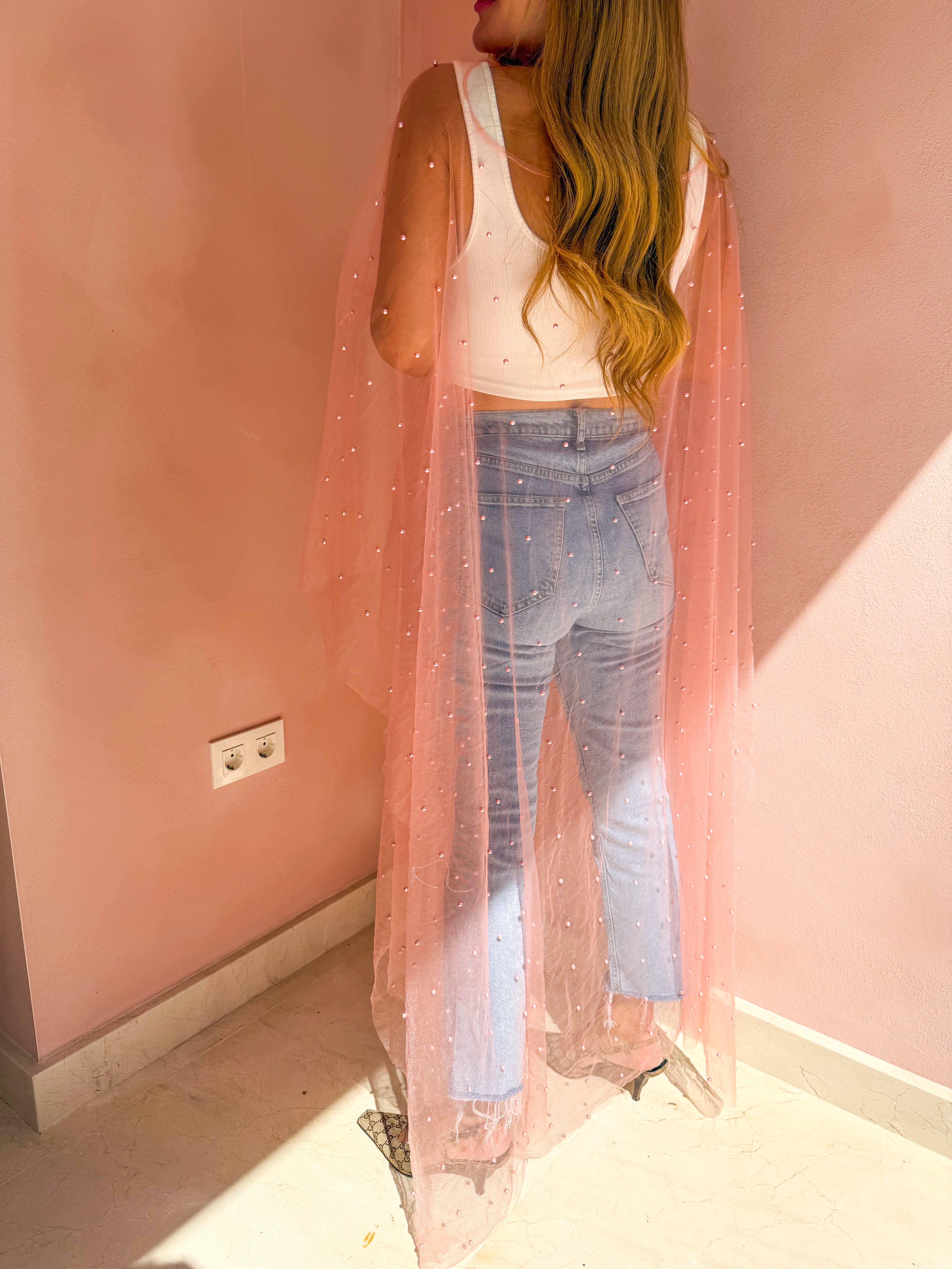 Tulle Vixen Pearl Mesh Kimono In Pale Pink