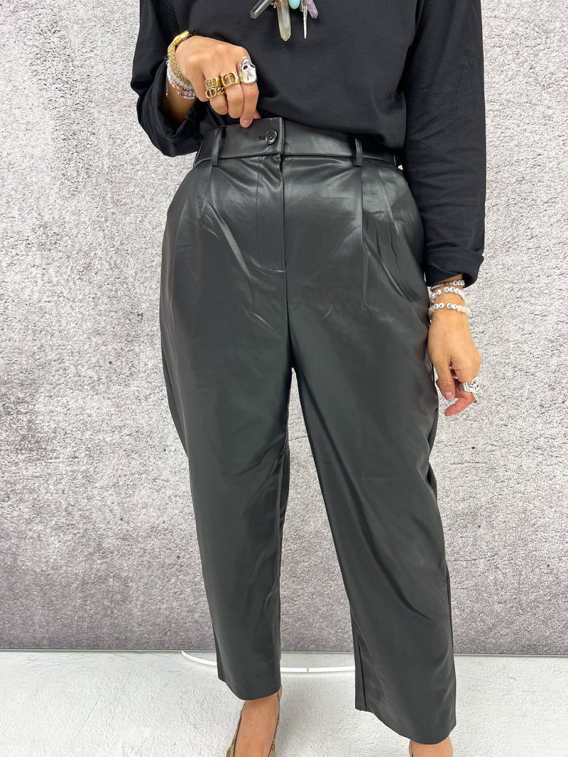 High Waisted Faux Leather Trousers In Black