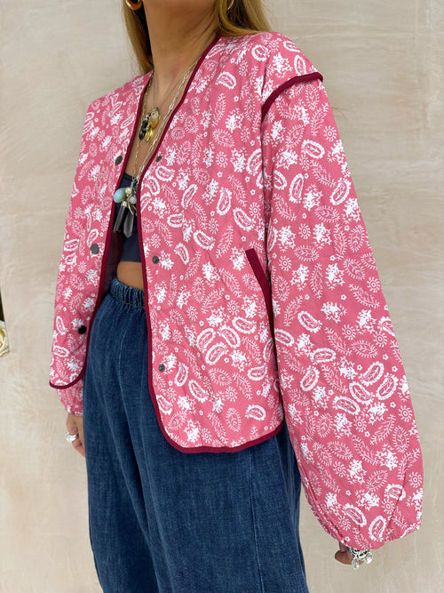 Paisley Print Quilted Style Bomber Jacket In Pink