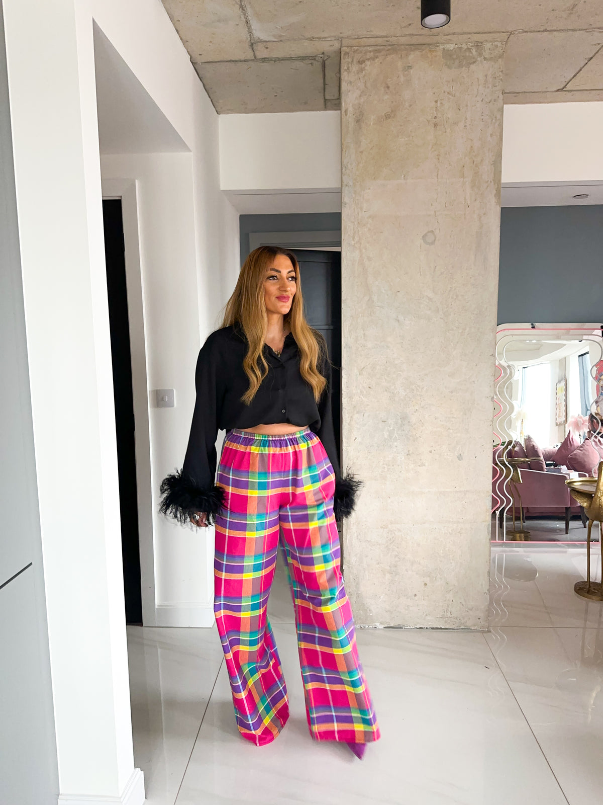 Madras Check Wide Leg Trousers In Pink