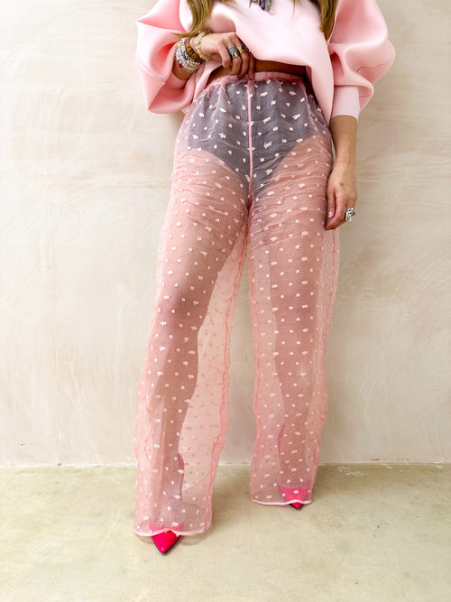 Sheer Wide Leg Spotty Trousers In Pink