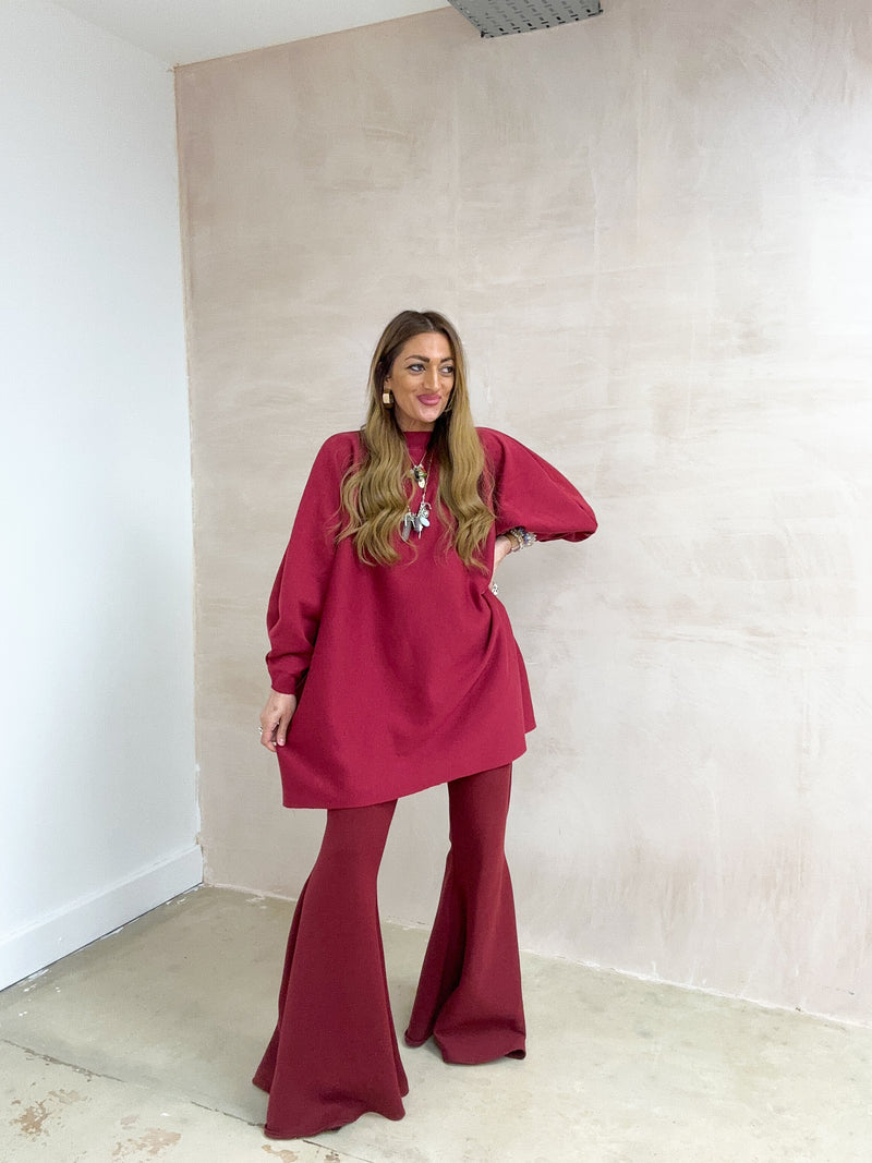 Extreme Flare Sweatshirt Trousers In Burgundy