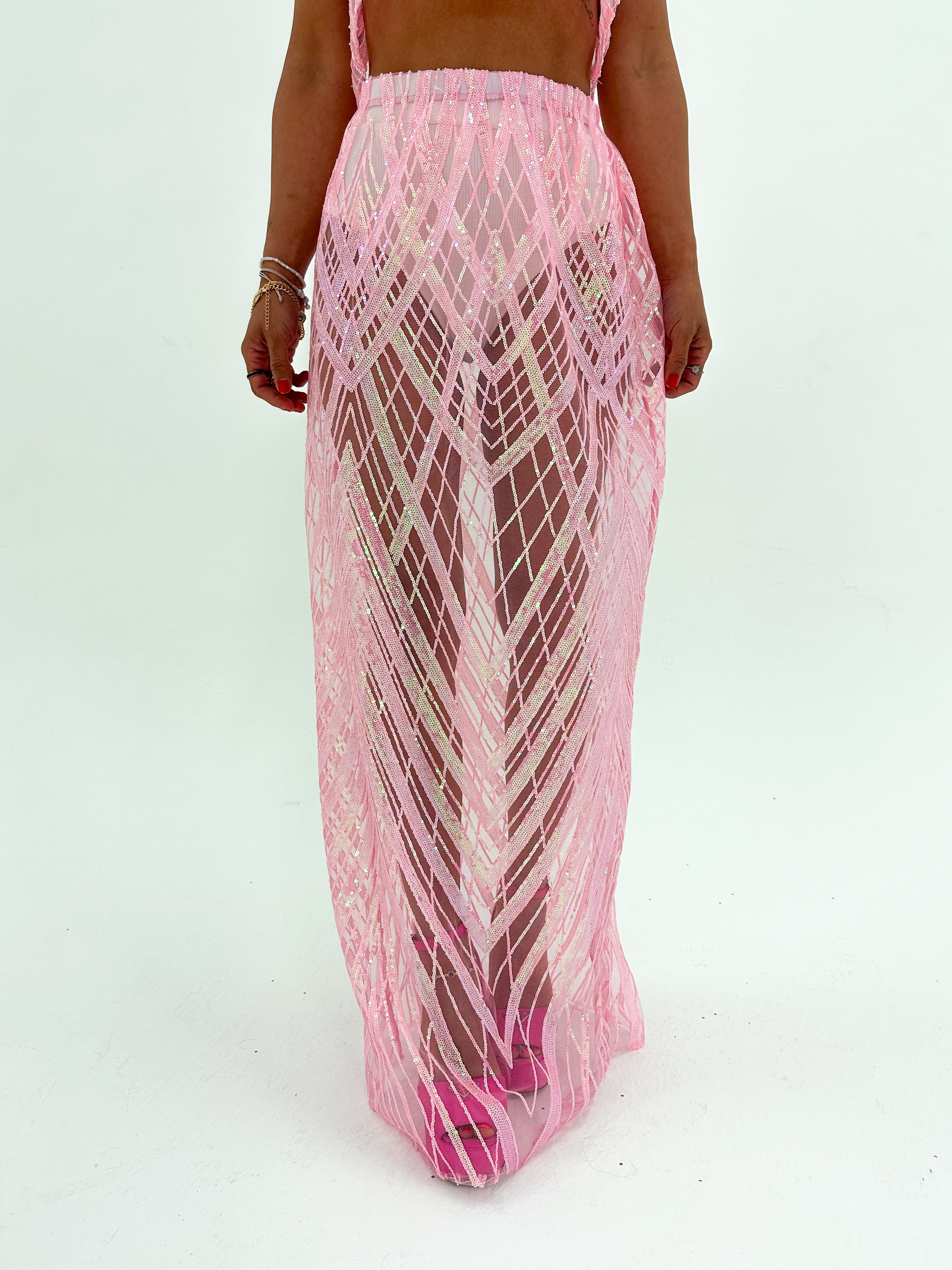 Solaris Supernova Sequin Midi Skirt In Baby Pink