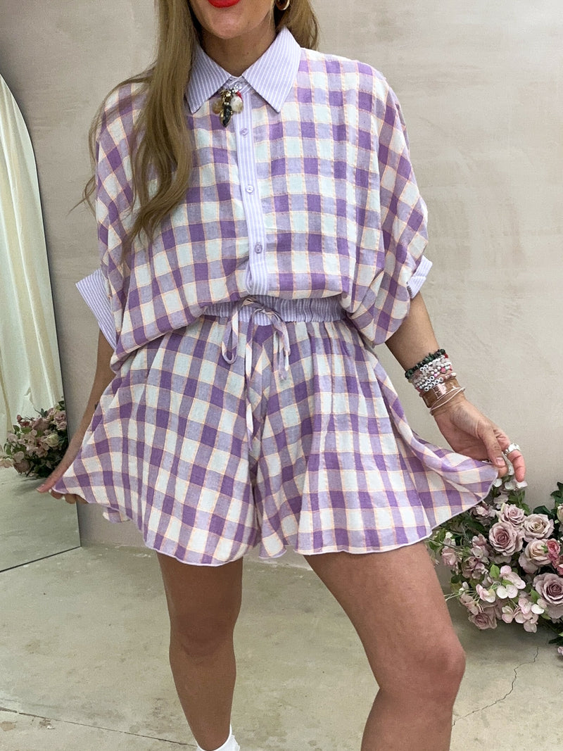 Gingham Print Floaty Shorts In Lilac