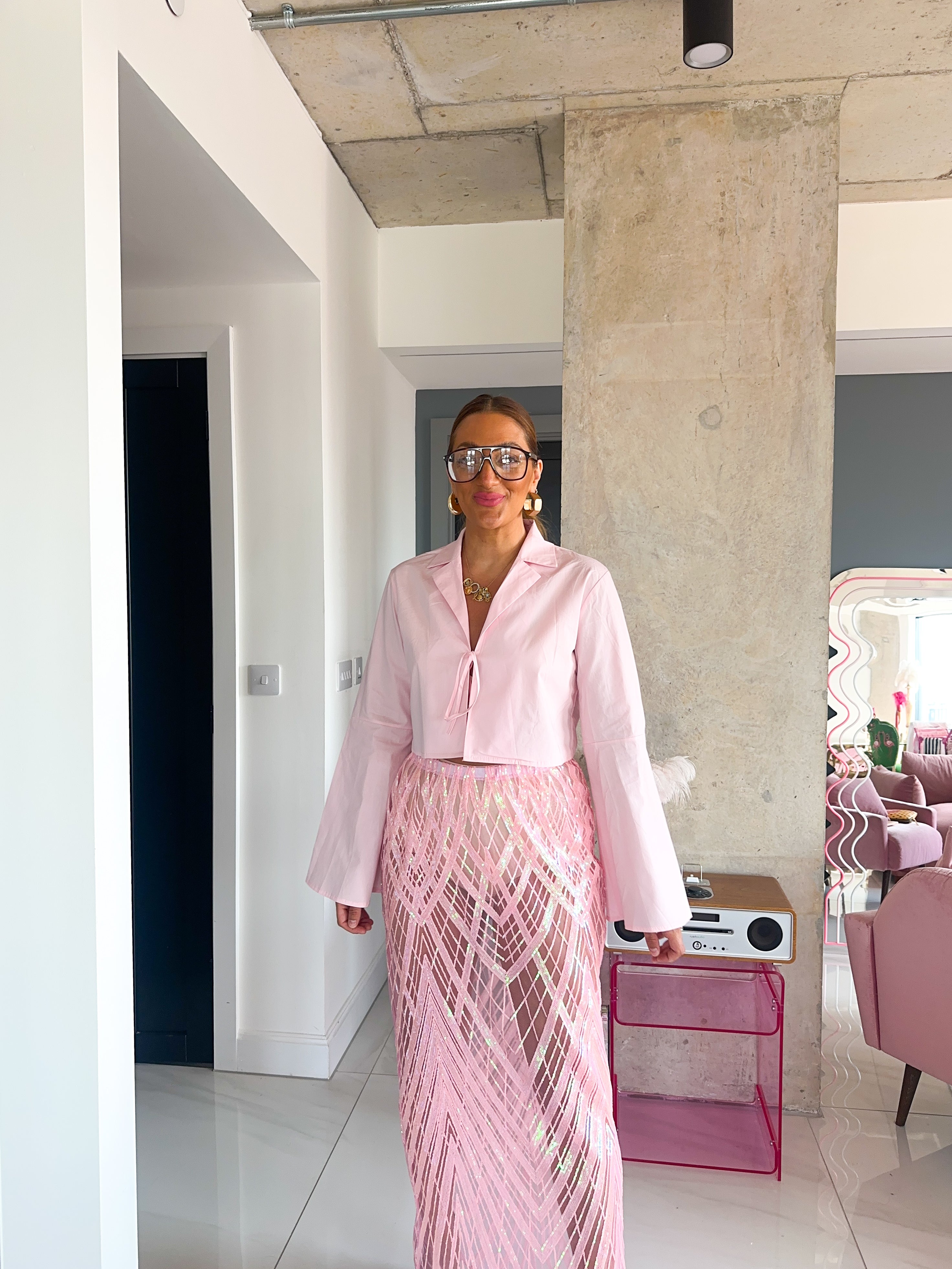Flare Sleeve Tie Front Shirt In Baby Pink