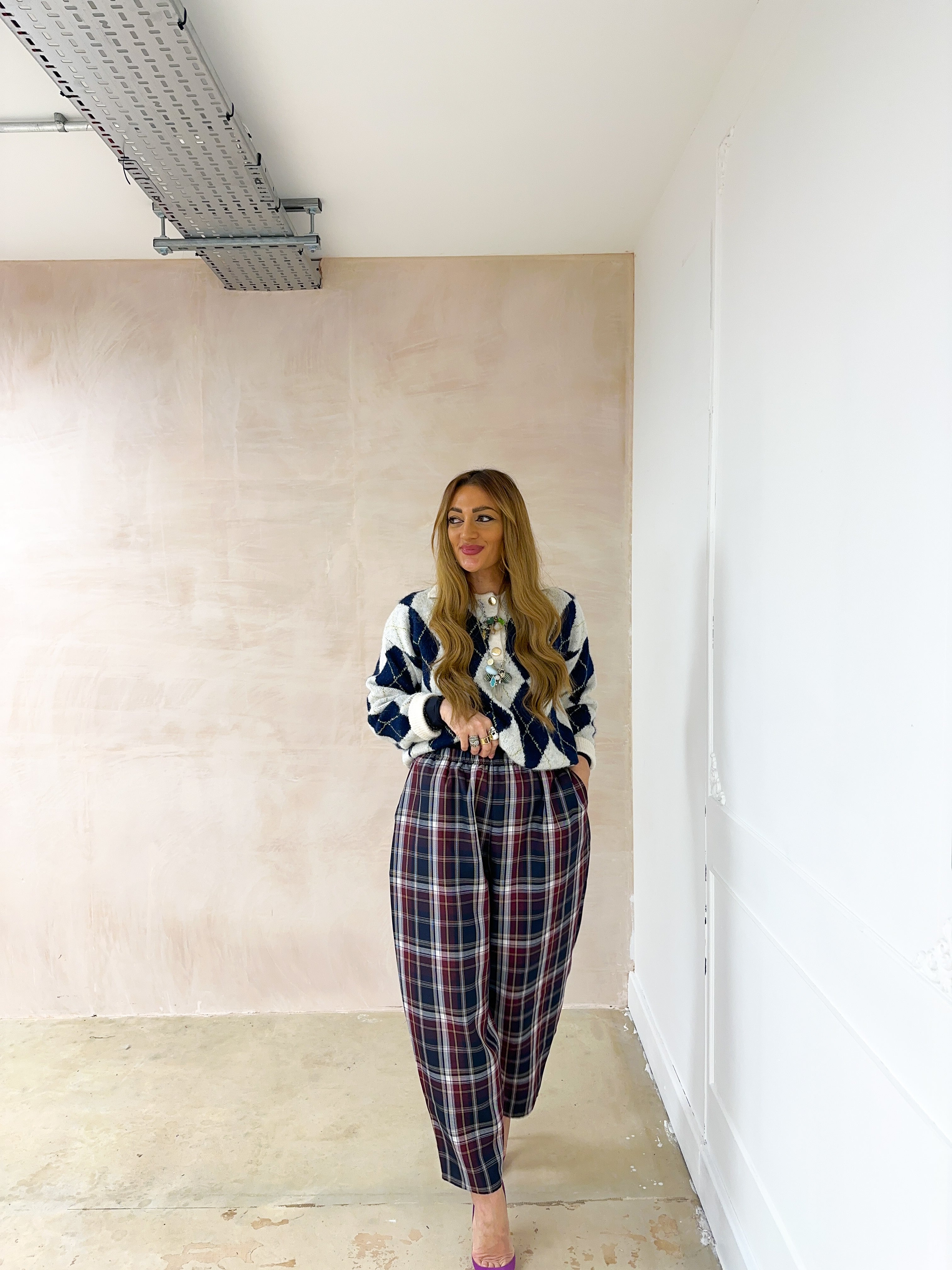 Tartan Check Balloon Trousers In Navy