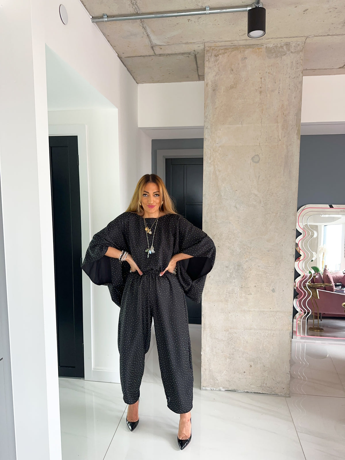 Core 0.2 Scattered Rhinestone Kimono Style Top In Black
