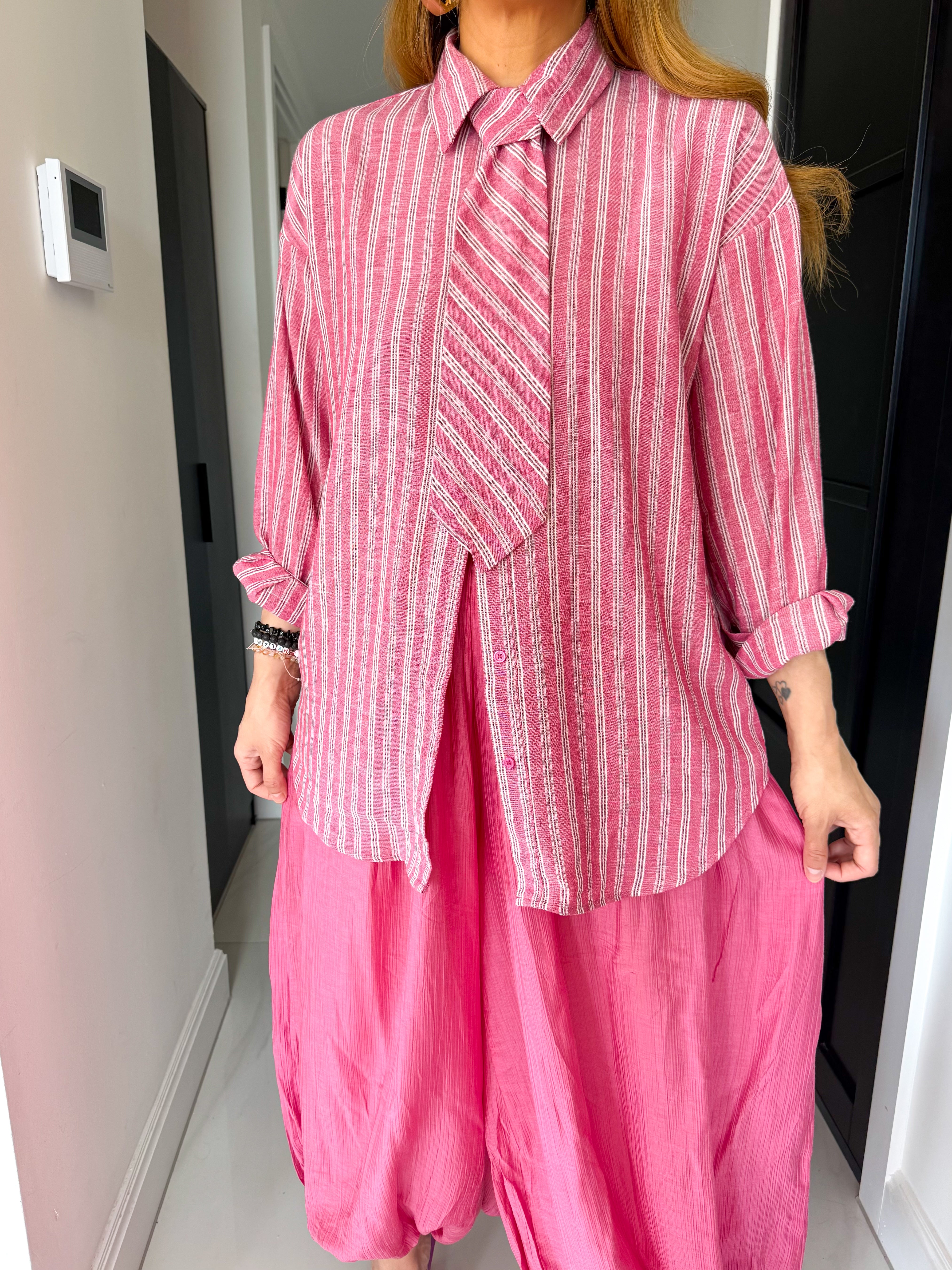 Relaxed Fit Tie Detail Shirt In Pink Stripe