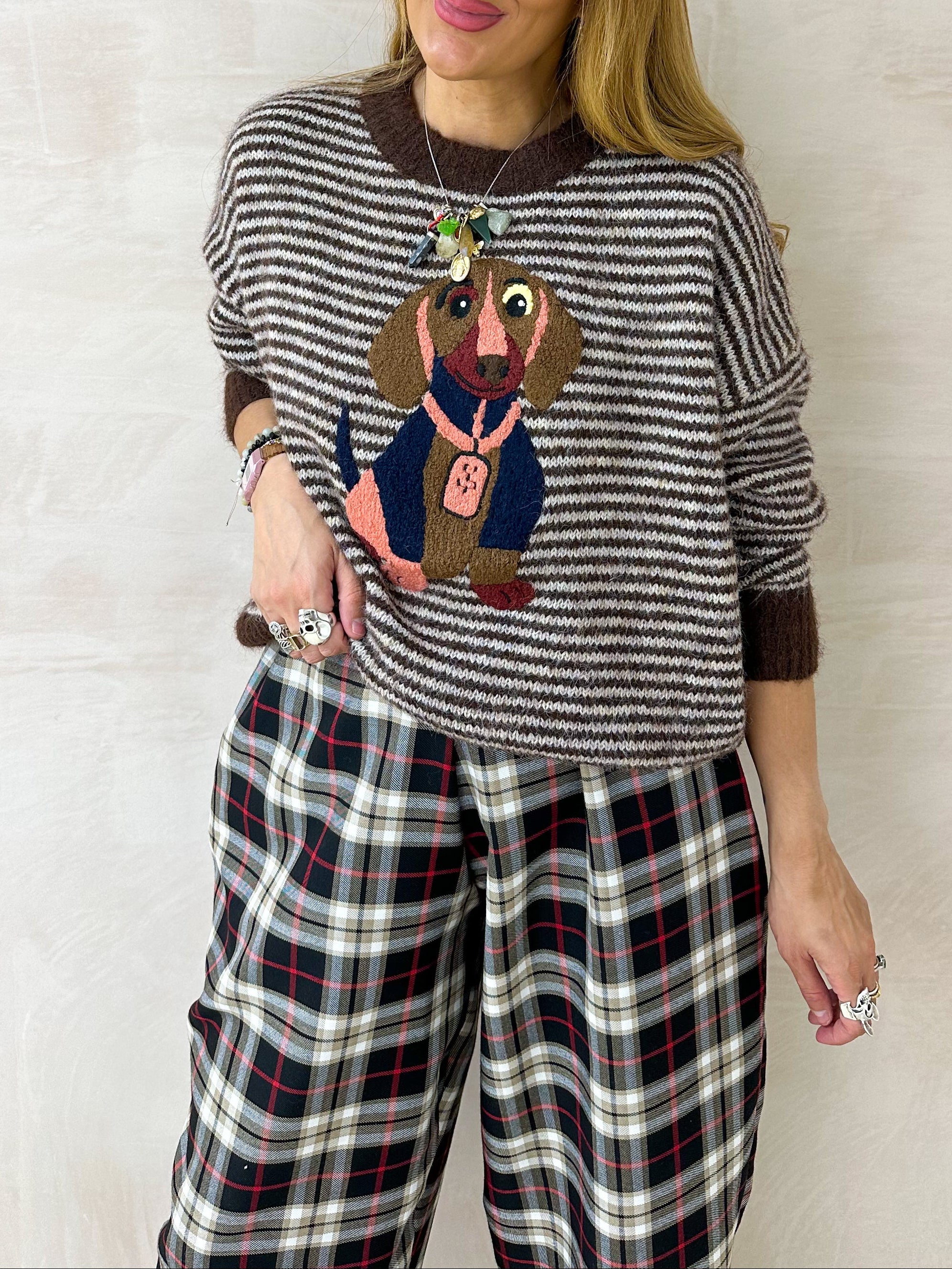 Knitted Stripe Puppy Jumper In Brown