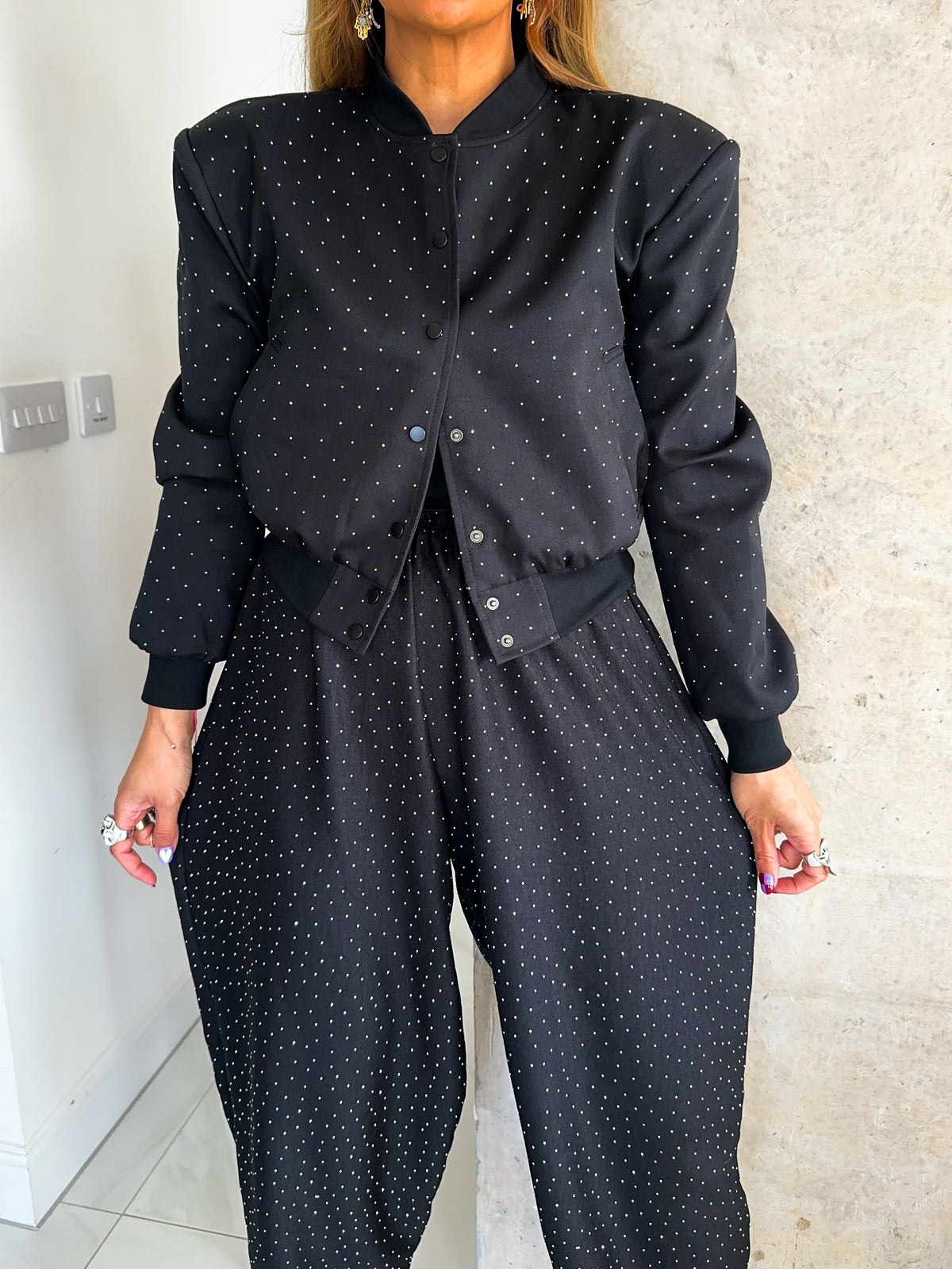 Core 0.2 Scattered Rhinestone Bomber Jacket In Black