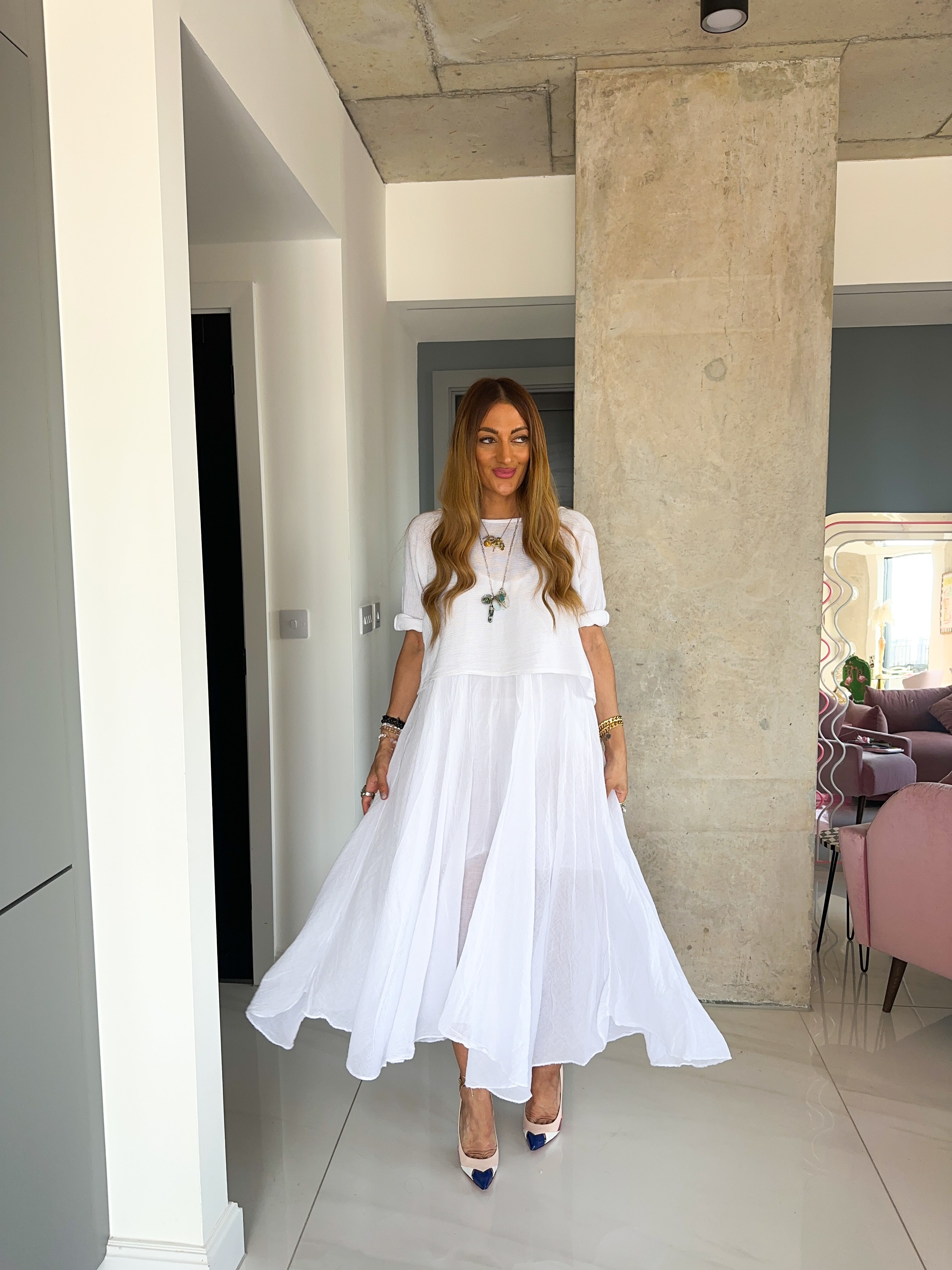 White Linen T-Shirt Style Maxi Dress