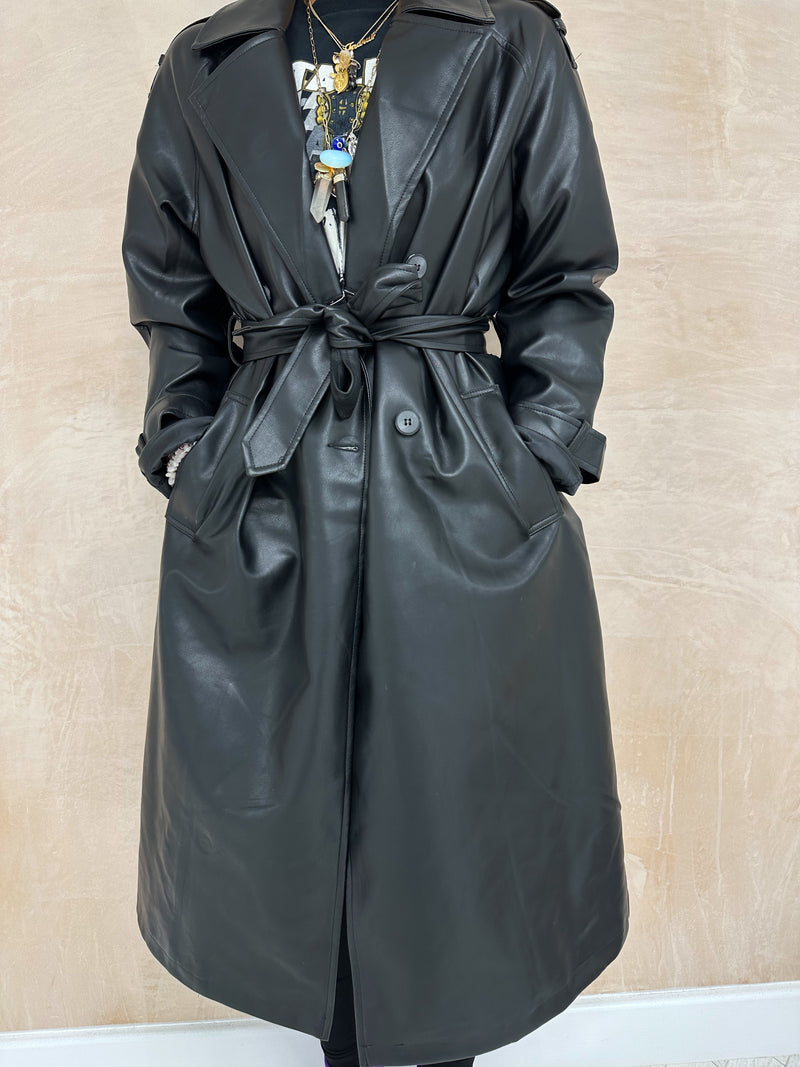Faux Leather Relaxed Fit Trench Coat In Black