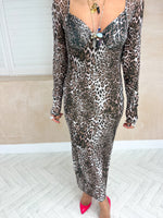 Long Sleeve Bodice Style Mesh Dress In Leopard Print
