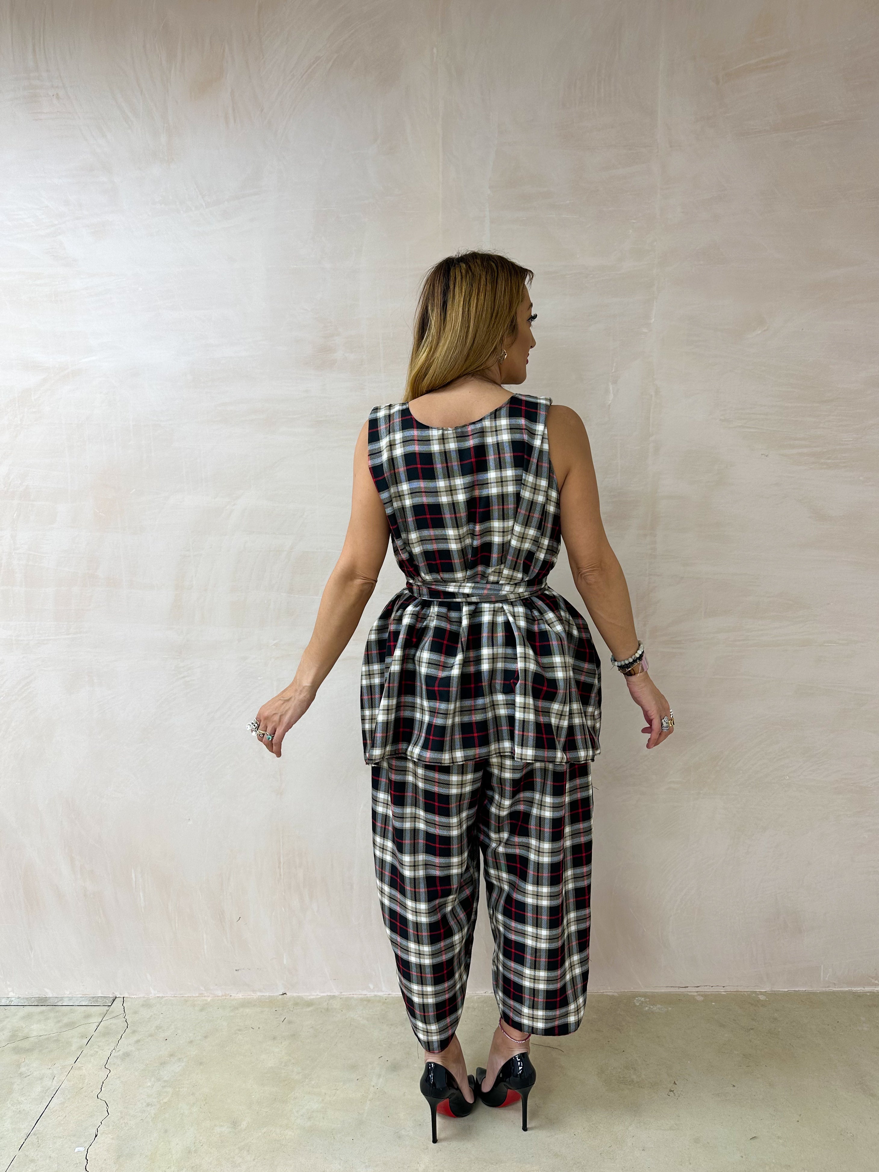 Muse Belted Top/Dress In Black/Burgundy Tartan