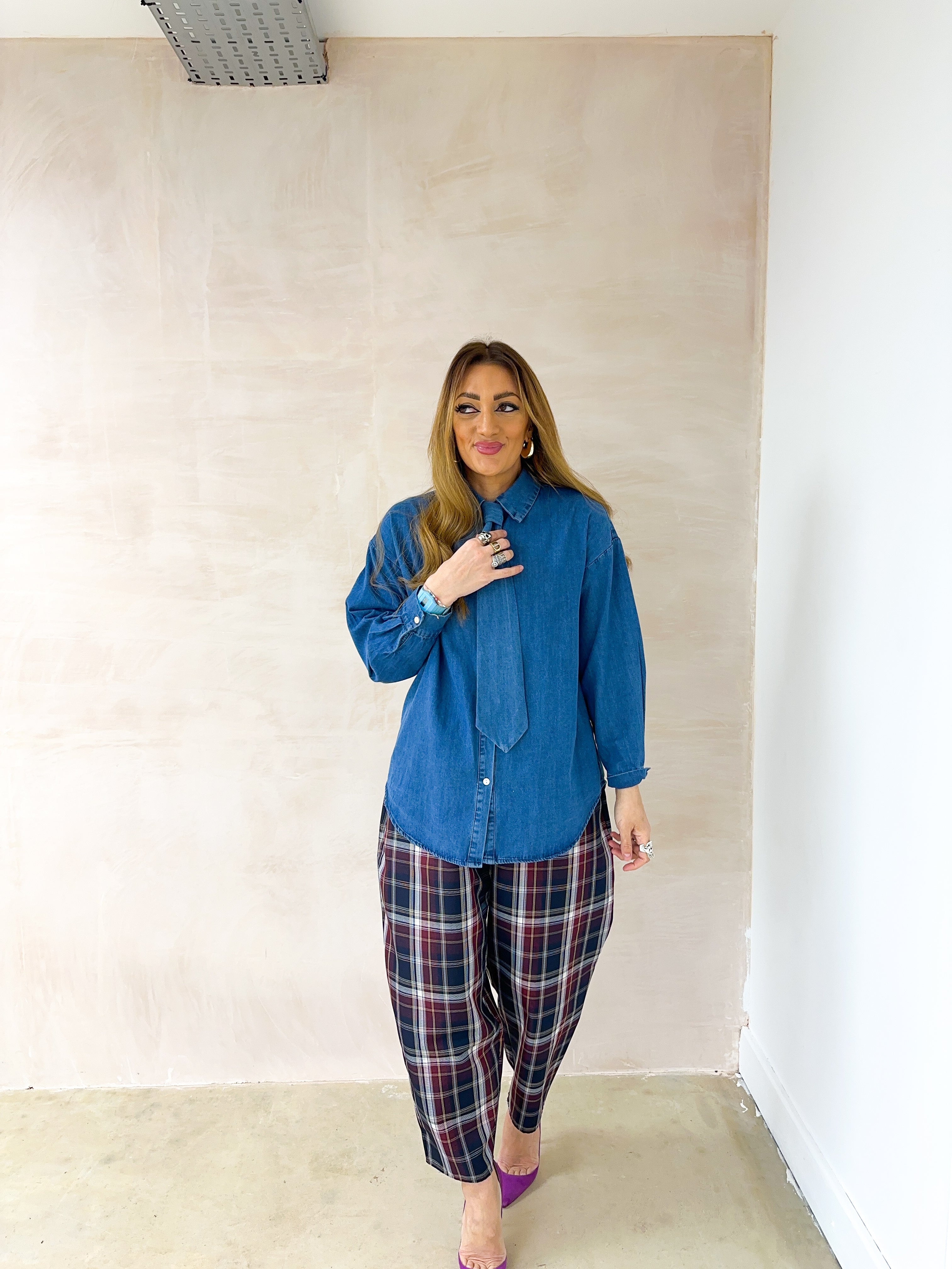 Relaxed Fit Tie Detail Shirt In Blue Denim