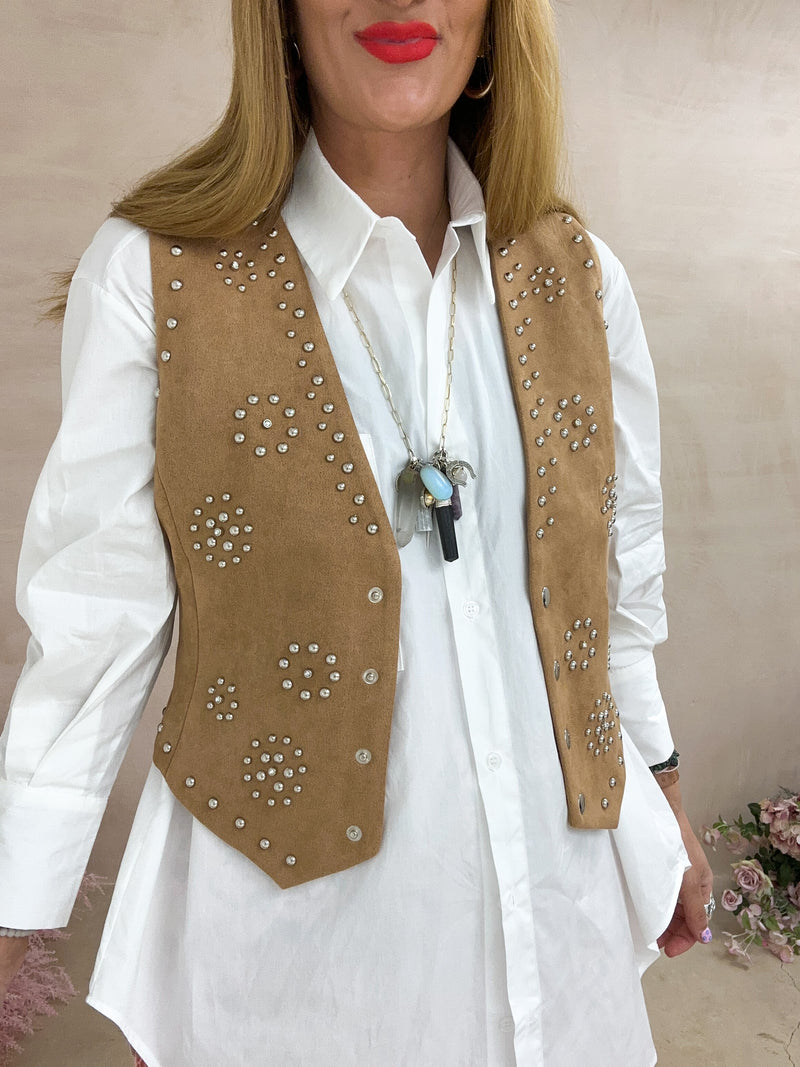 Suede Style Studded Gilet In Beige