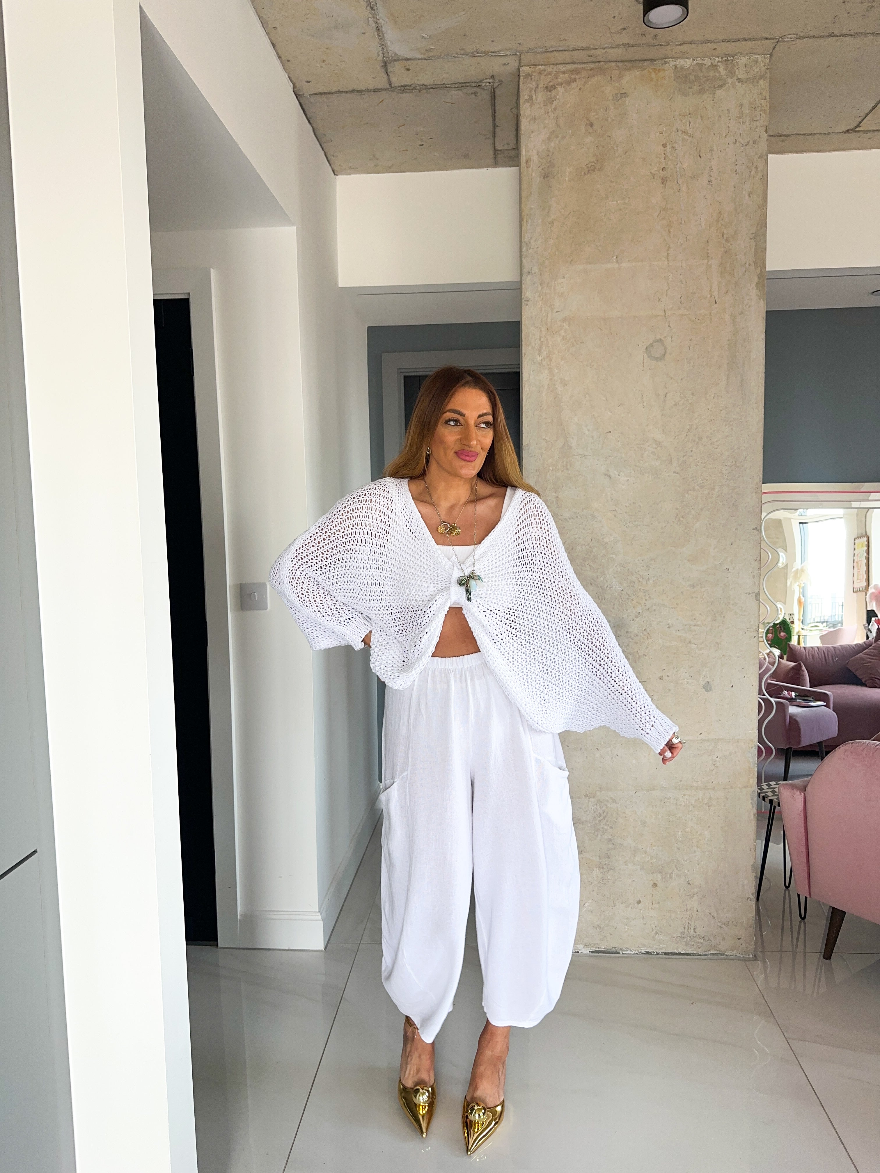 Linen Balloon Style Trousers In White