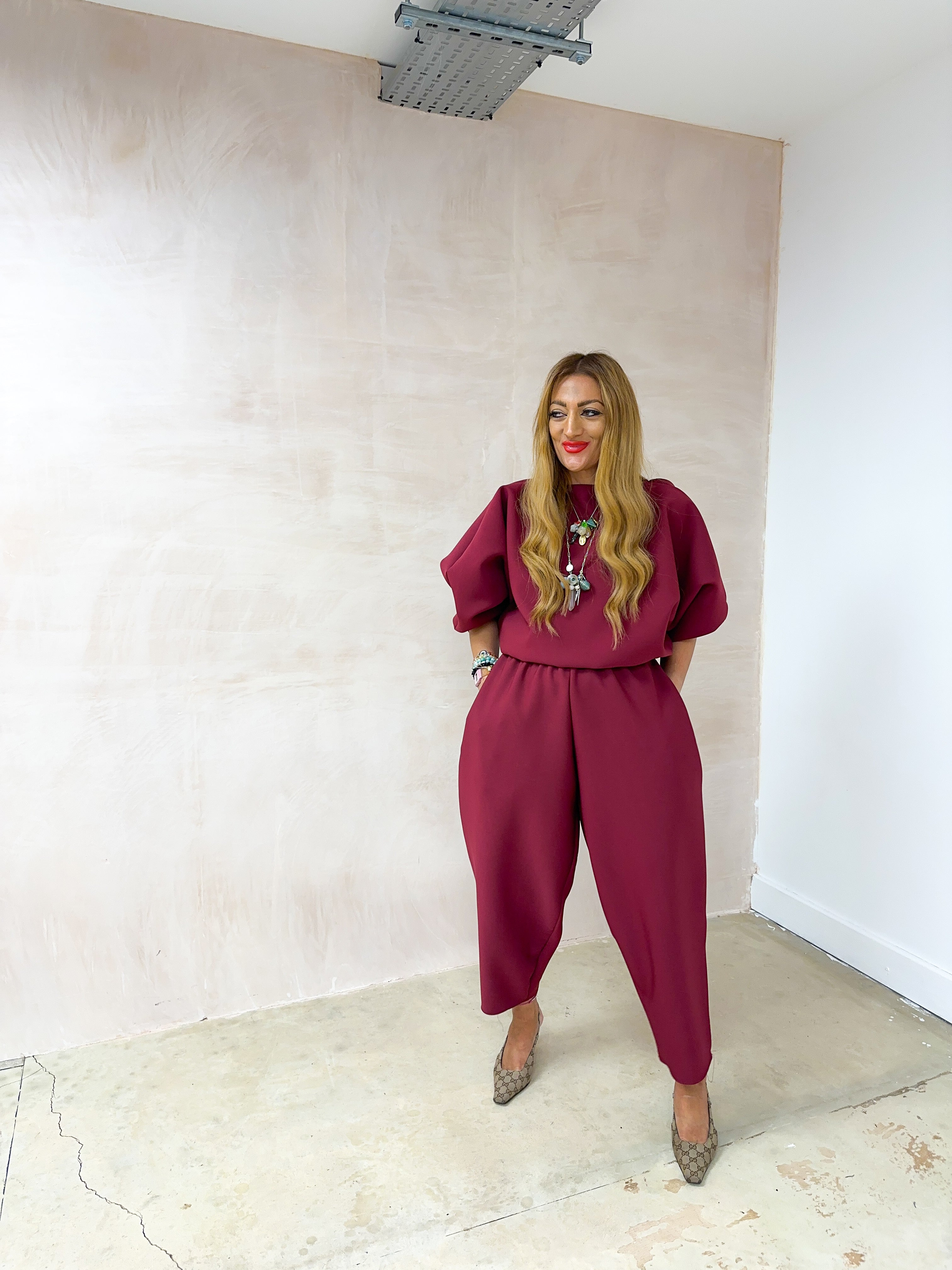 Puff Sleeve Scuba Jumper In Burgundy