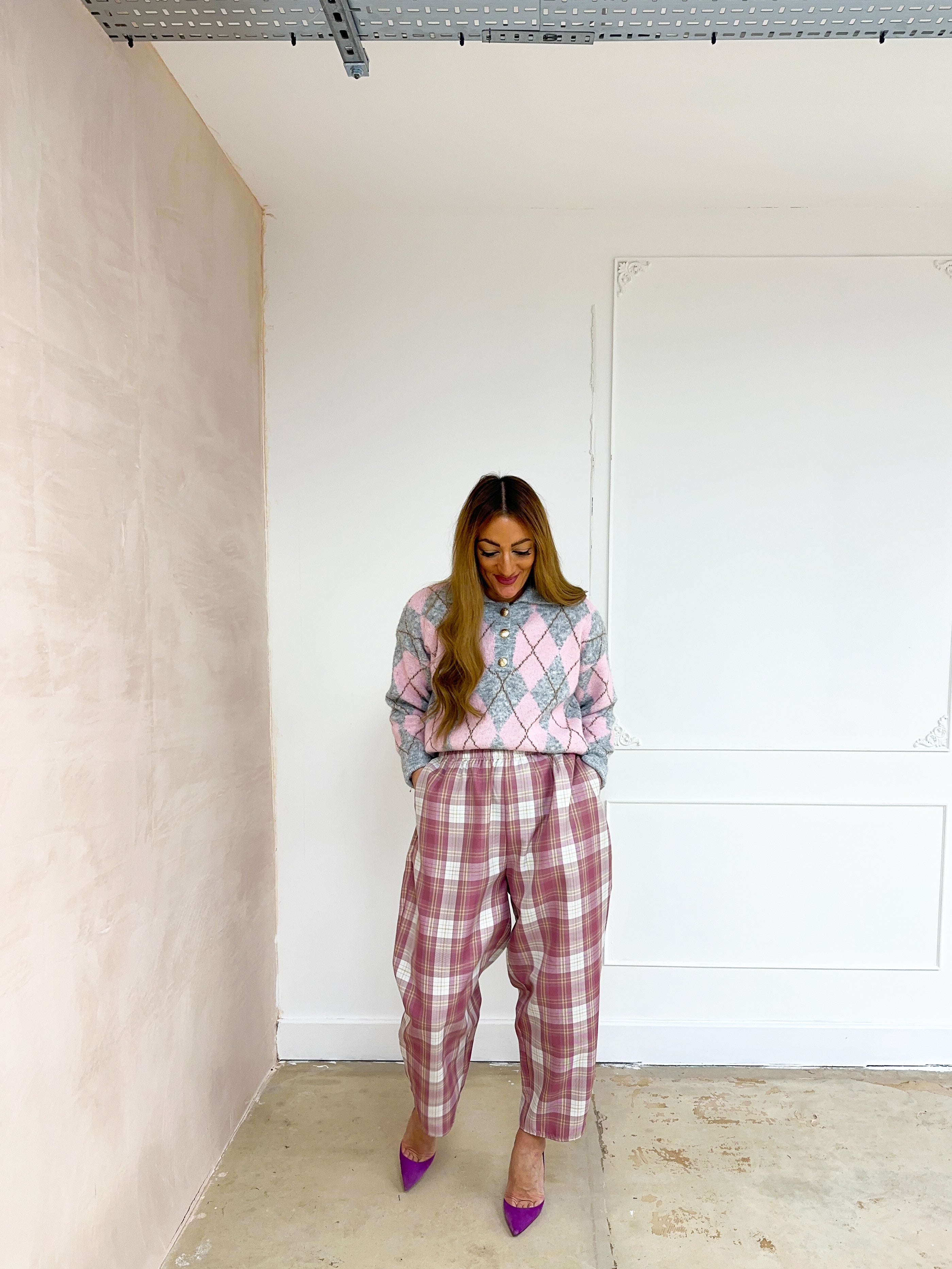 Argyle Polo Style Jumper In Grey/Pink