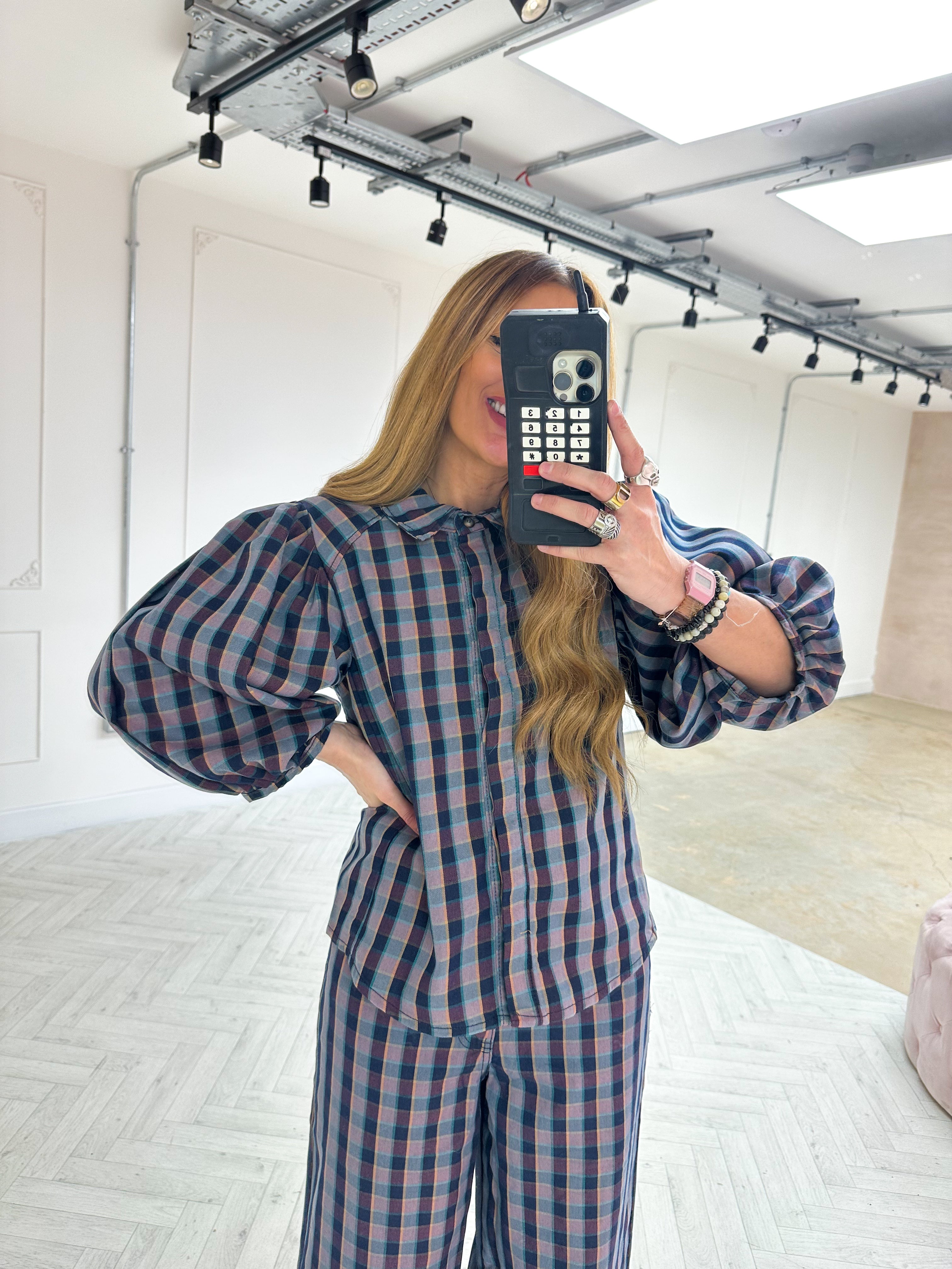 Puff Sleeve Check Shirt In Purple/Navy