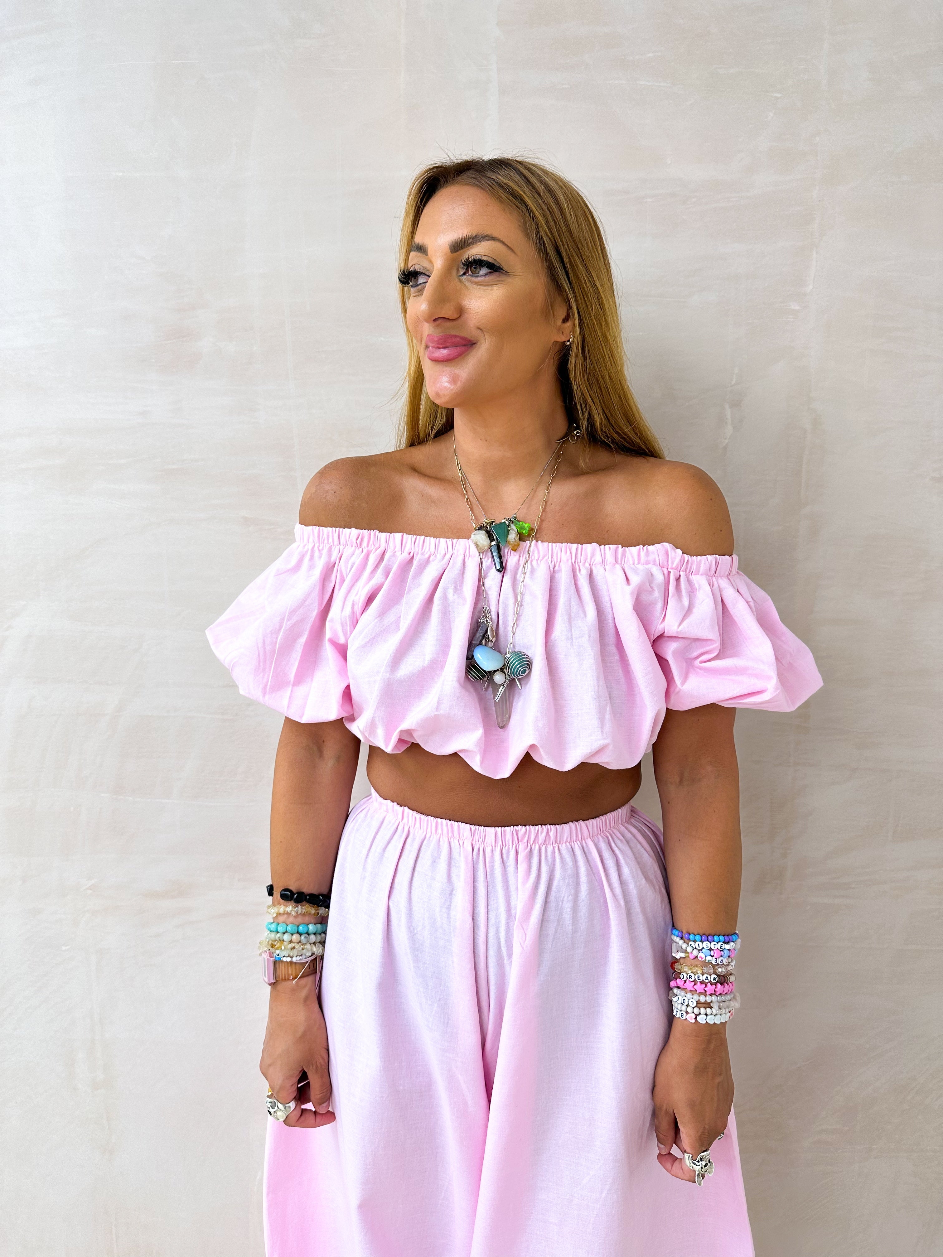 The Aladdin Puff Sleeve Bardot Top In Pink