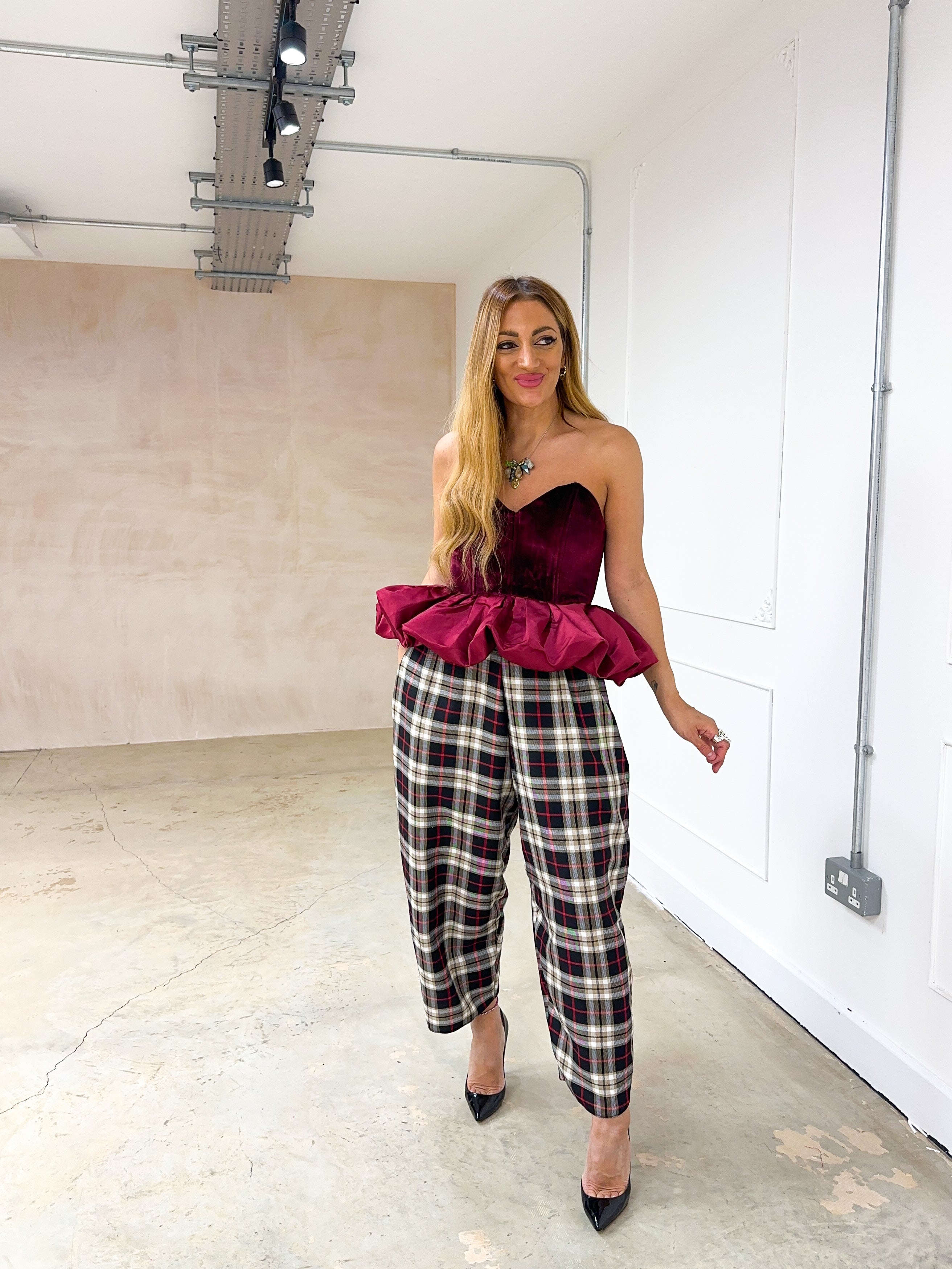 Velvet Peplum Bodice Top In Burgundy/Red