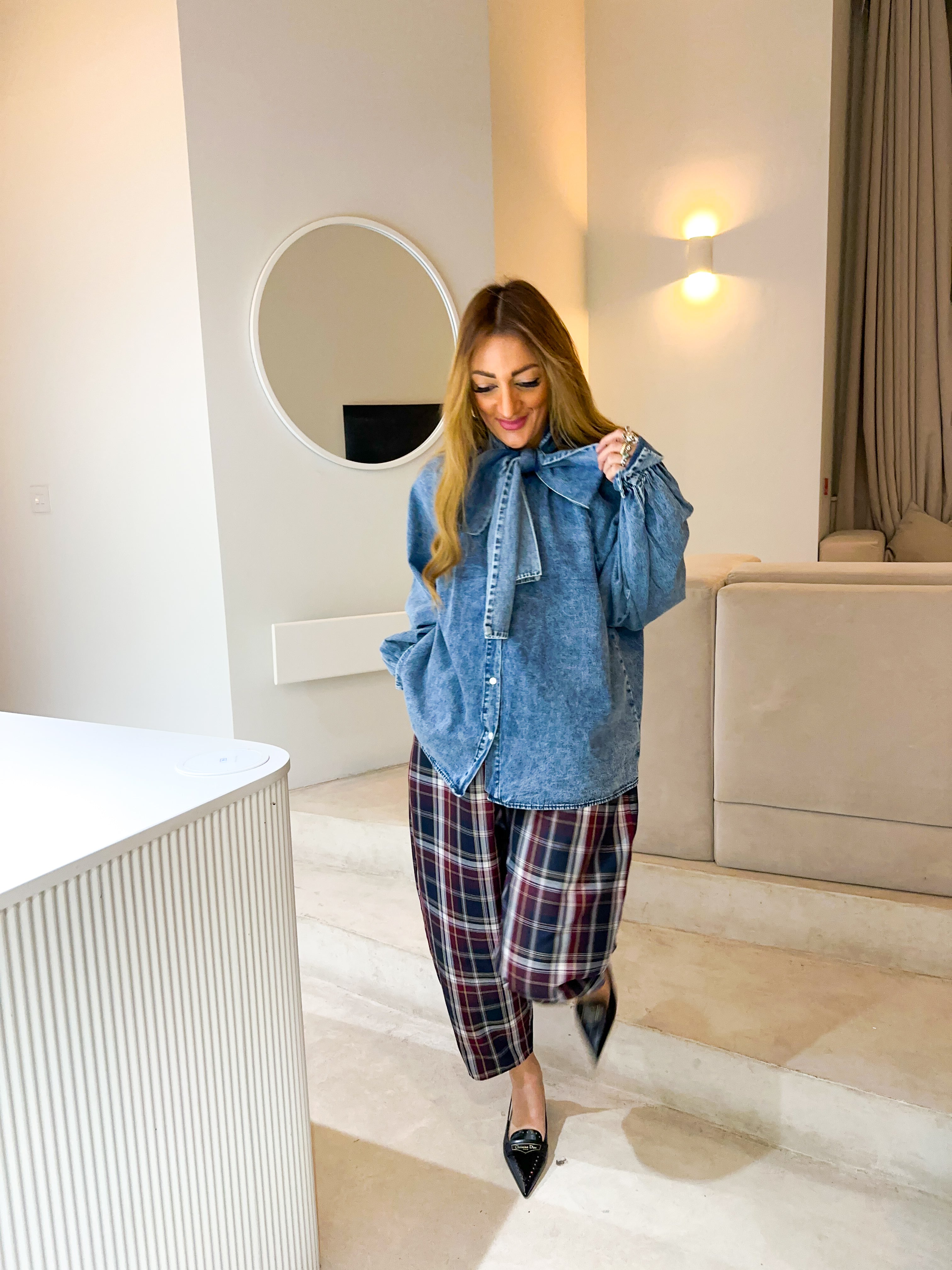 Bow Front Denim Shirt In Blue