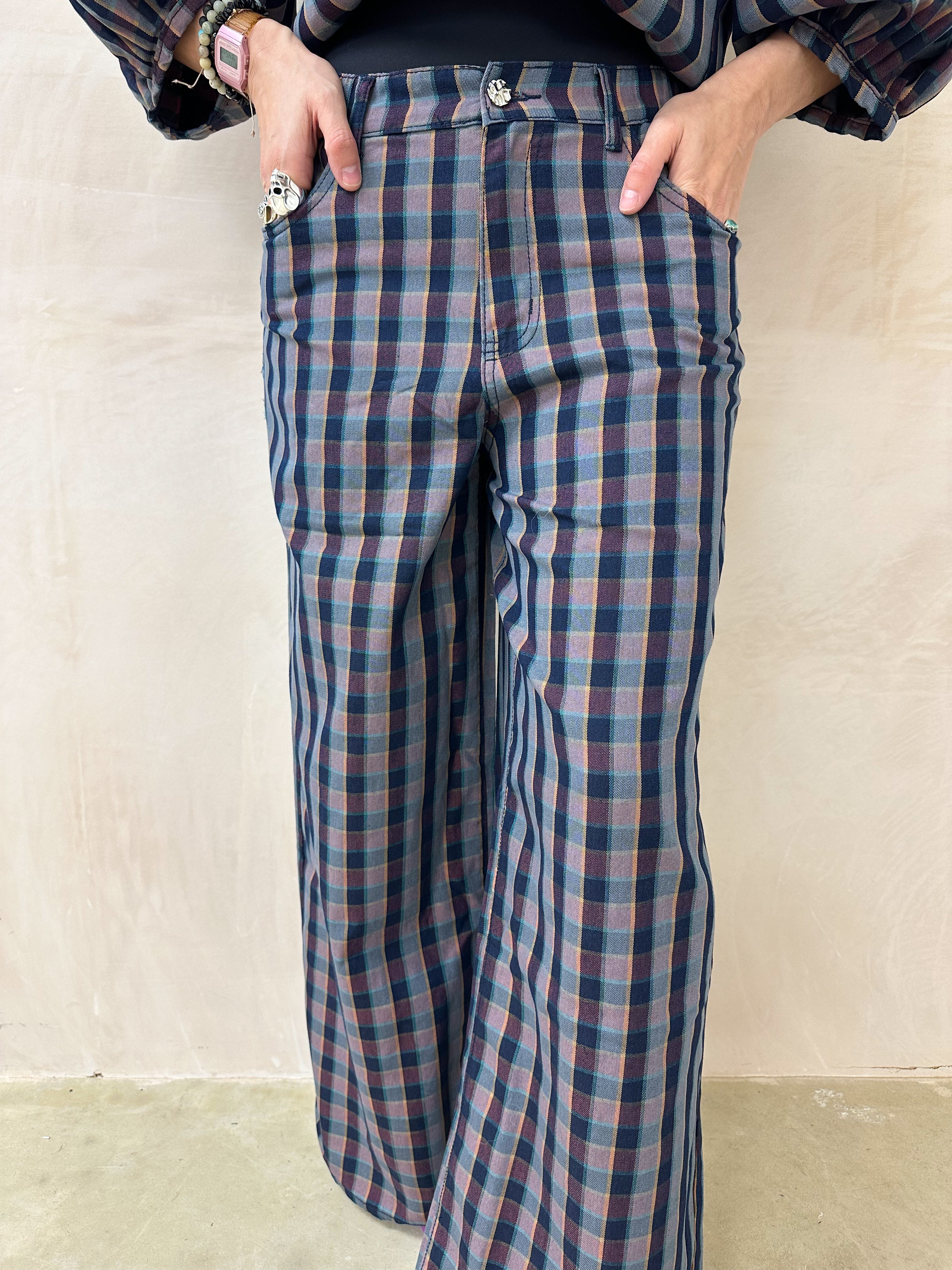 Wide Leg Trousers In Purple/Navy Check