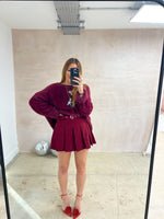 Pleated Mini Skirt/Shorts In Burgundy